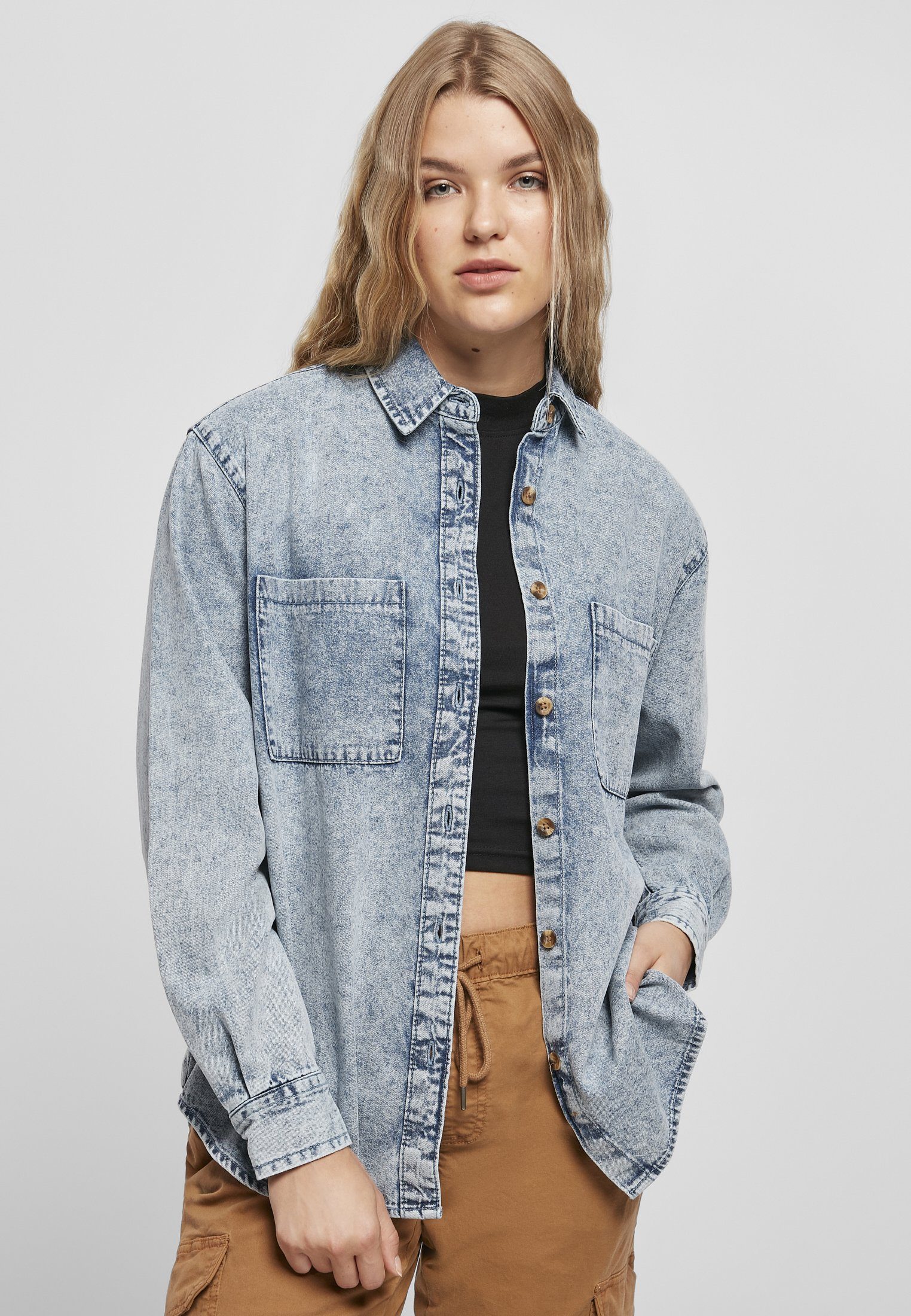 URBAN CLASSICS Klassische Bluse Damen Ladies Denim Oversized Shirt light skyblue acid washed