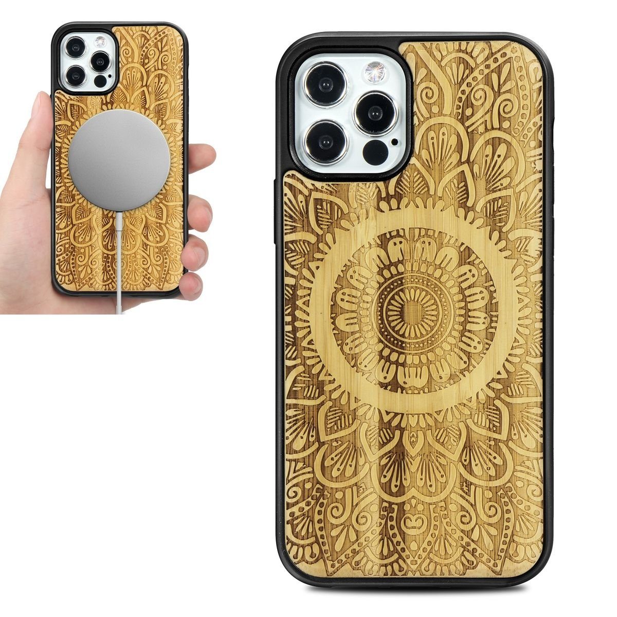 Wigento Smartphone-Hülle Holzfurnier Mandala geprägte Magsafe Hülle Handy Tasche Bambus für Apple iPhone 12 Pro Max 6.7 Zoll