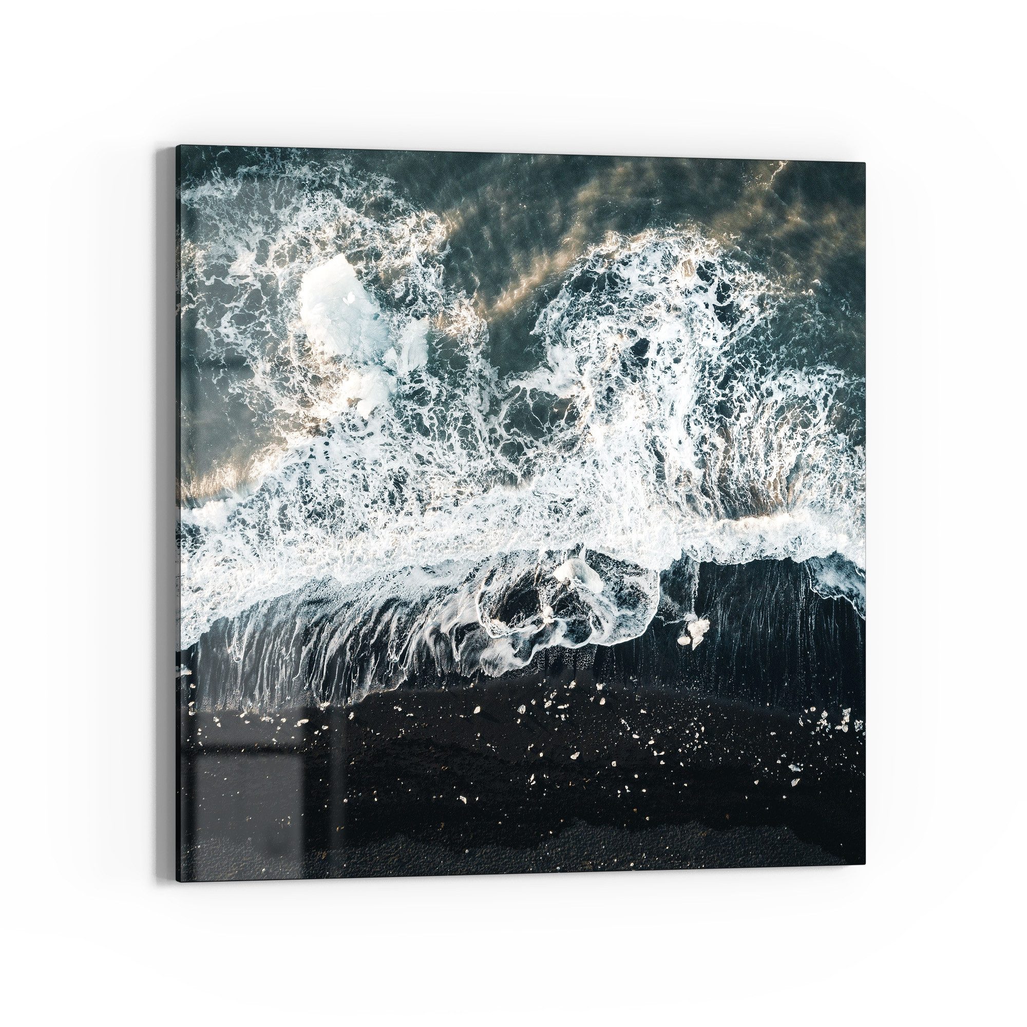 DEQORI Glasbild 'Gischt & Lavagestein', 'Gischt & Lavagestein', Glas Wandbild Bild schwebend modern