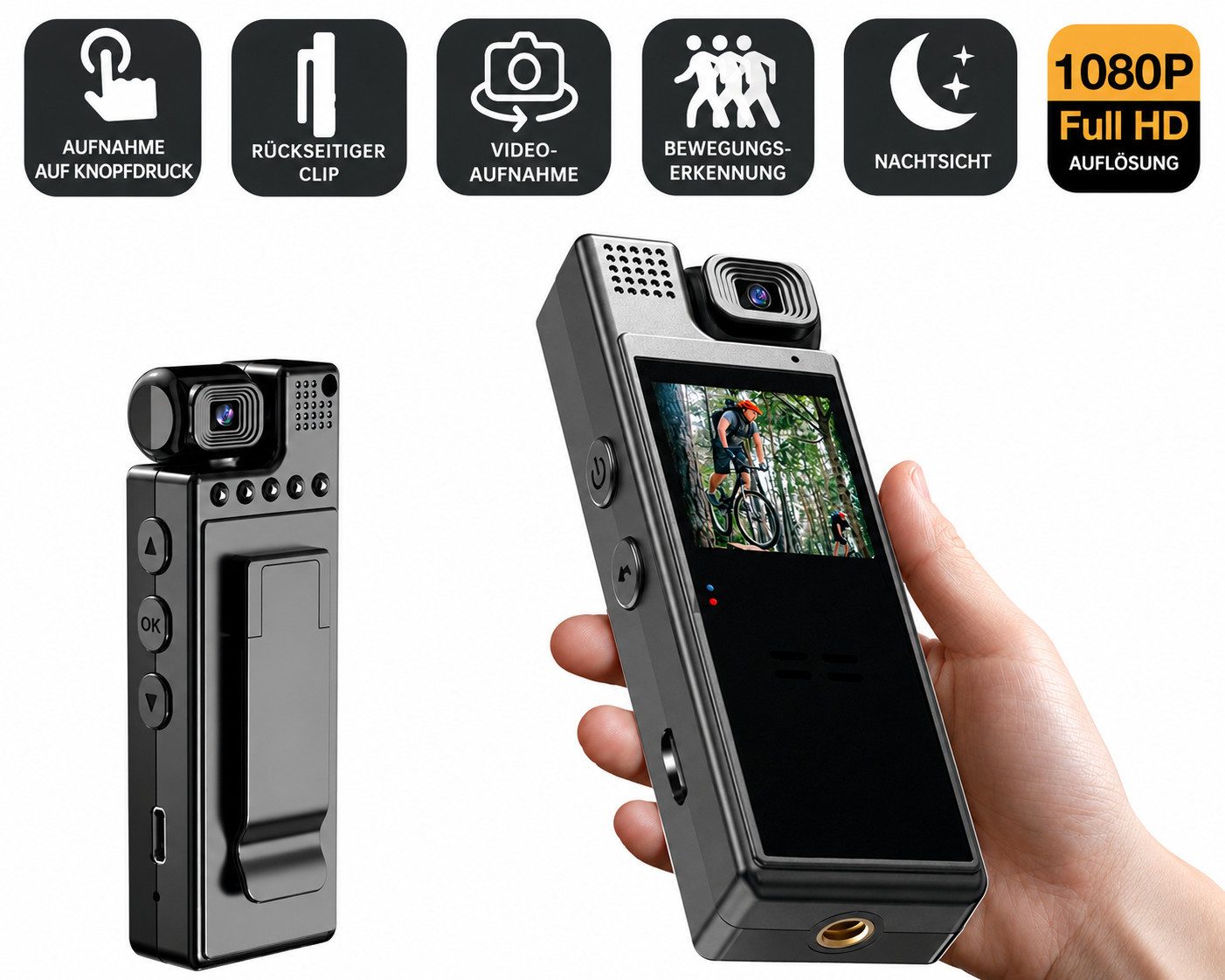 SpionProfi Überwachungskamera 32GB Mini Kamera Video Überwachungskamera Action Cam + 1,3 TFT Display (Außenbereich, Innenbereich, 1-tlg., FULL HD Mini Clip Action Video Cam mit Bewegungsmelder und Nachtsicht)