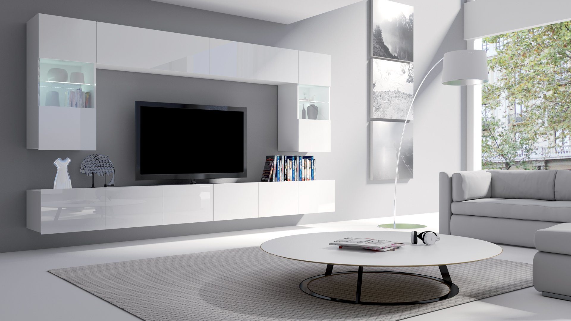 Stylefy Wohnwand Bietula, (Set (6-St), Hochglanz variabel mit Design, 6-teilig, LED-Beleuchtung, hängbar Modern Weiß Wohnzimmer-Set), wahlweise
