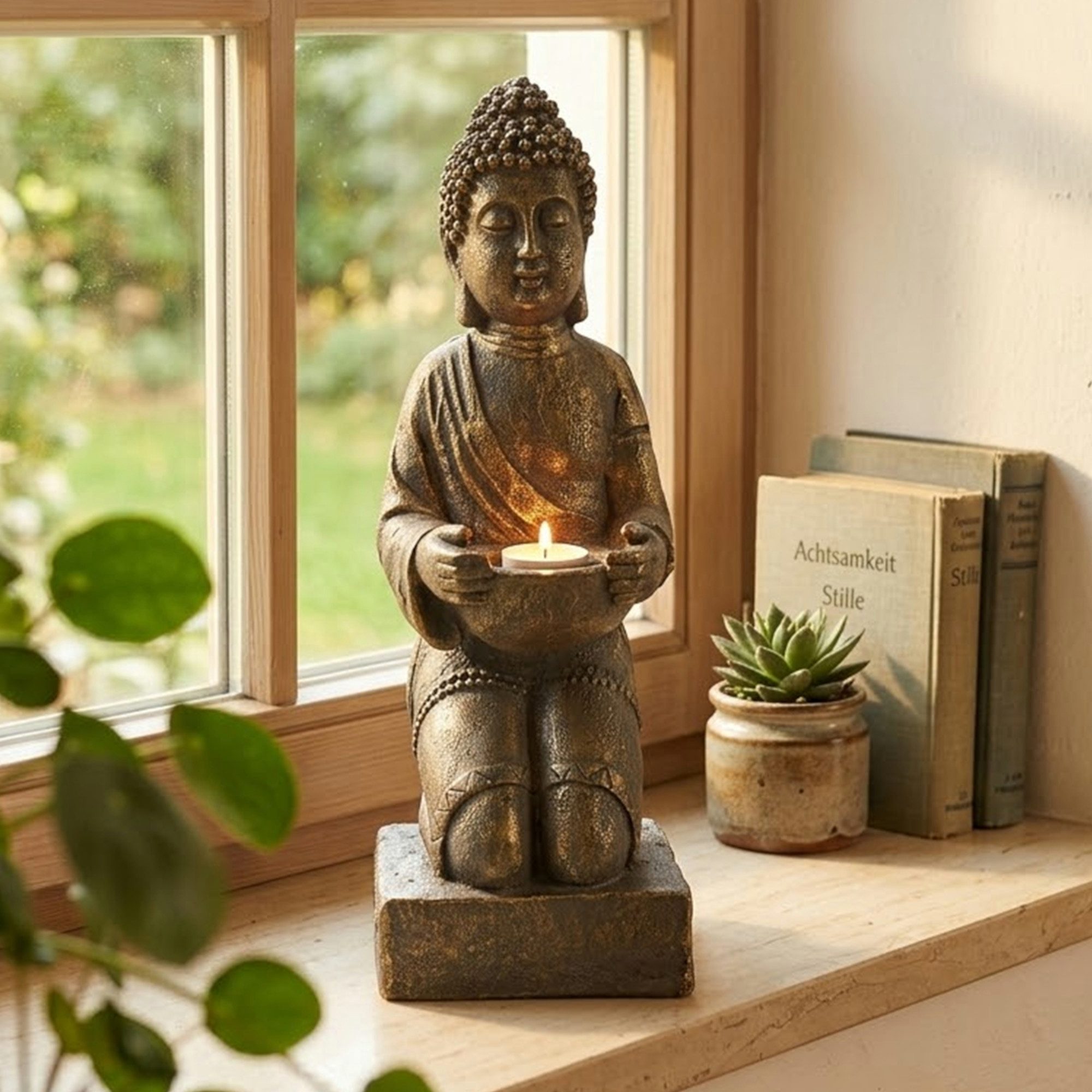INtrenDU Buddhafigur sitzend in Steinoptik mit Patina, 39 cm, Schale für ein Teelicht