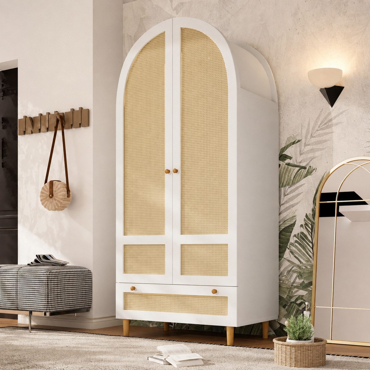 STILVORA Highboard Kleiderschrank mit Schublade Schlafzimmerschrank in Rattan-Optik (Multifunktionsschrank mit Rattan-Front und Stauraum, Rattan-Geflecht, Massivholzgriffe, Bodenfreiheit, Schrankraum), Für Wohnzimmer, Küche, Flur, Schlafzimmer