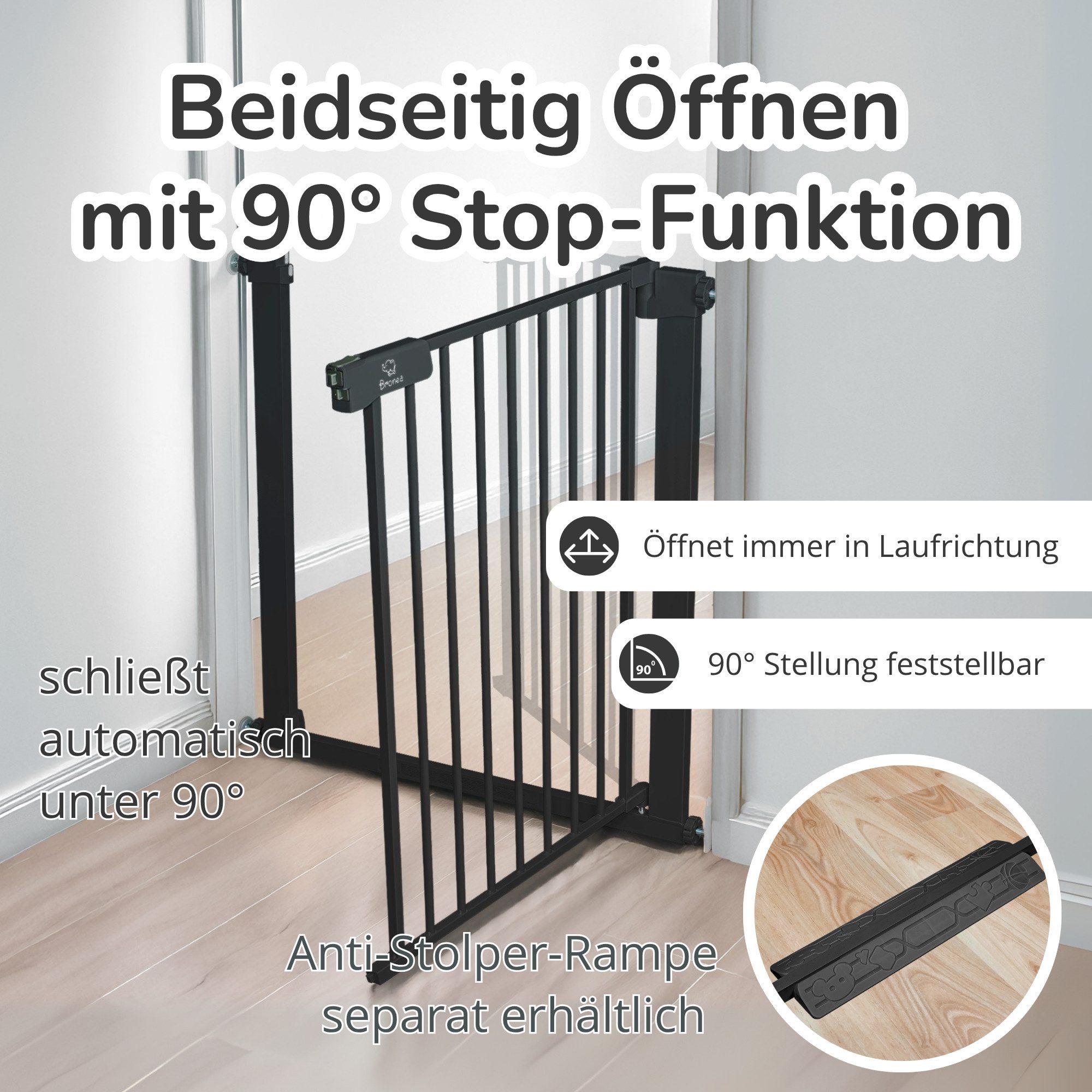 Bronea Treppenschutzgitter LUCA-M Treppengitter ohne Bohren Treppenschutzgitter Türgitter (zum Klemmen, 75-194 cm verlängerbar), 3-faches Schloss & Rot-Grün Sic – Bild 5 von 5