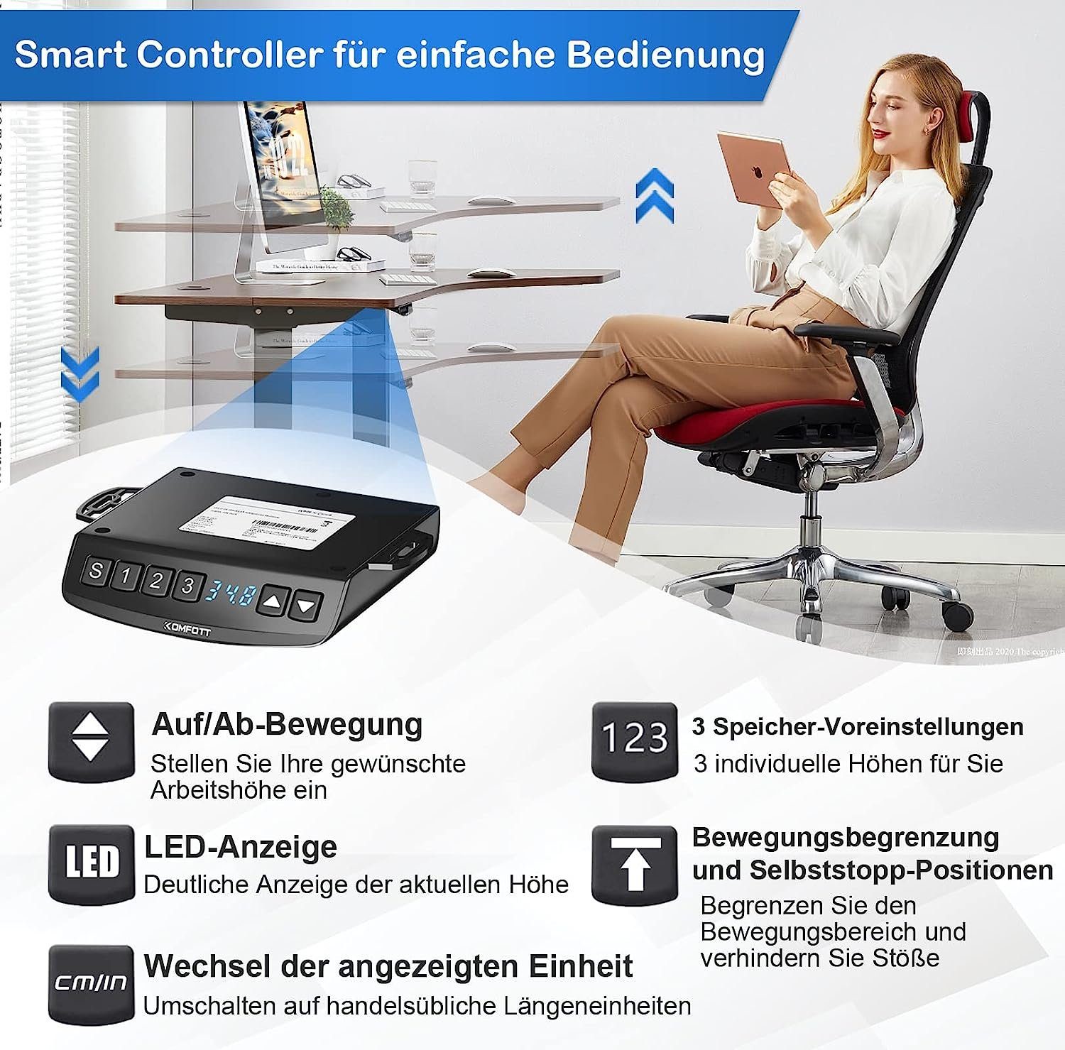 KOMFOTTEU Tischgestell elektrischer Stehpultgestell, höhenverstellbar, 2 Motoren& 4 Memory-Steuerung