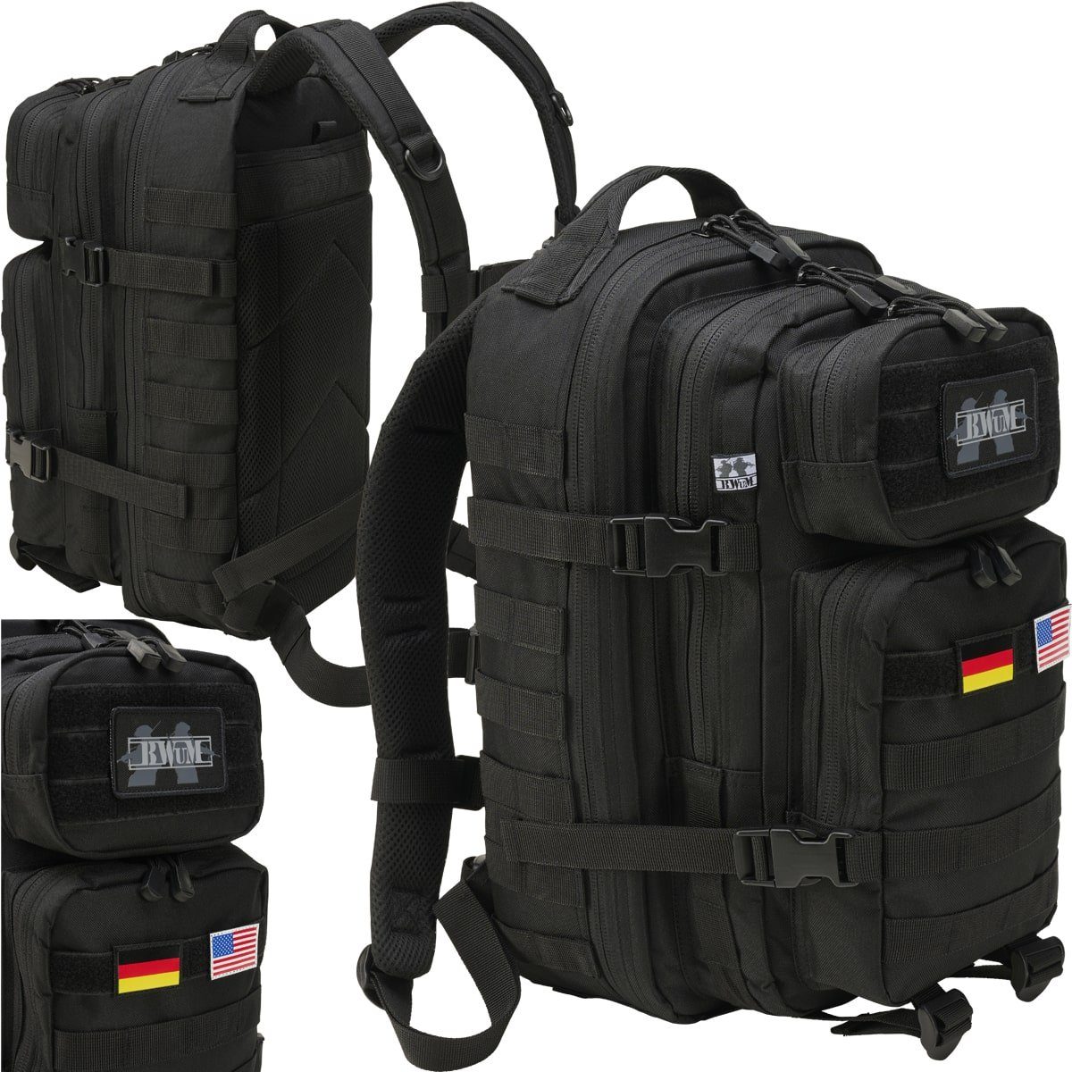 BWuM Trekkingrucksack BWuM US Assault Pack Cooper Rucksack + Patch & Flaggen Schwarz