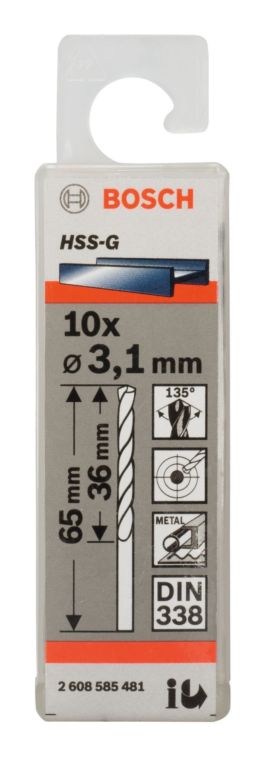 - 3,1 HSS-G 36 Metallbohrer, (10 x - Stück), 65 x 10er-Pack 338) (DIN BOSCH mm