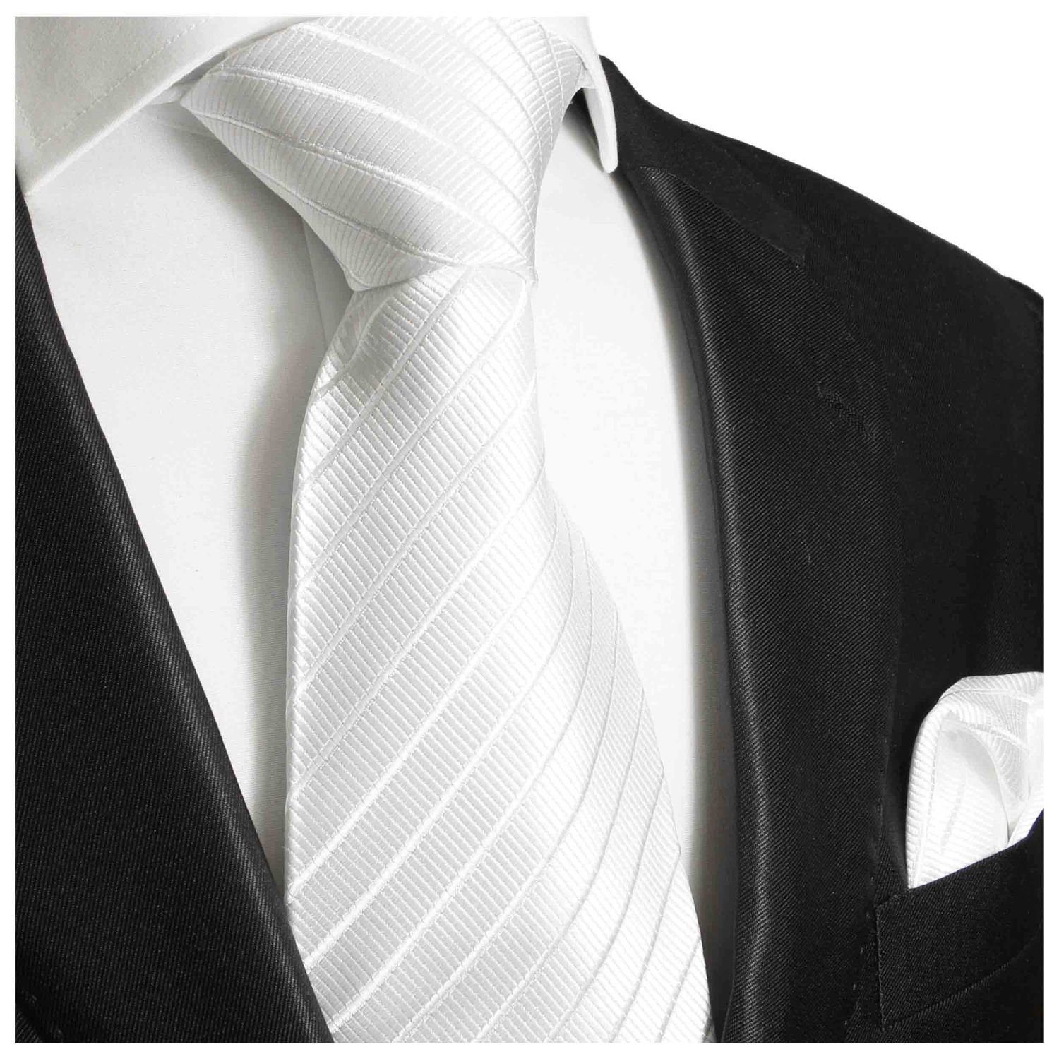 modern Malone uni 691 gestreift 2-St., Seidenkrawatte (Set, Schlips weiß mit (8cm), Seide Breit Krawatte Einstecktuch) Herren mit Tuch Paul 100% Krawatte