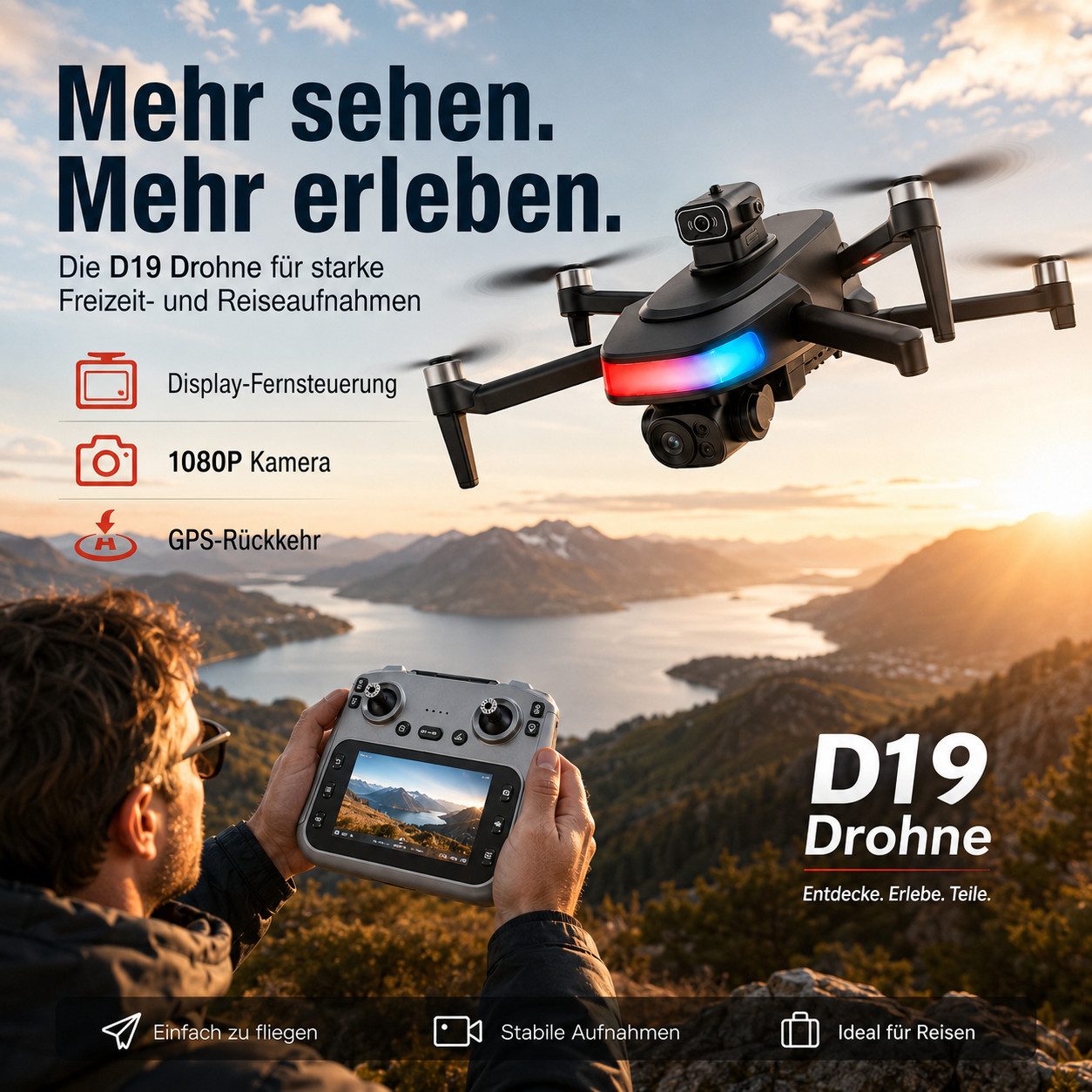 Goldstern-Tech RC-Quadrocopter (1080 Full HD Kamera, 4,5 Zoll Display-Fernsteuerung, 2km Reichweite & 40 min Flugzeit, GPS-Rückkehr), Waypoint-Flug, Hinderniserkennung, Follow-Me & 360° Flug