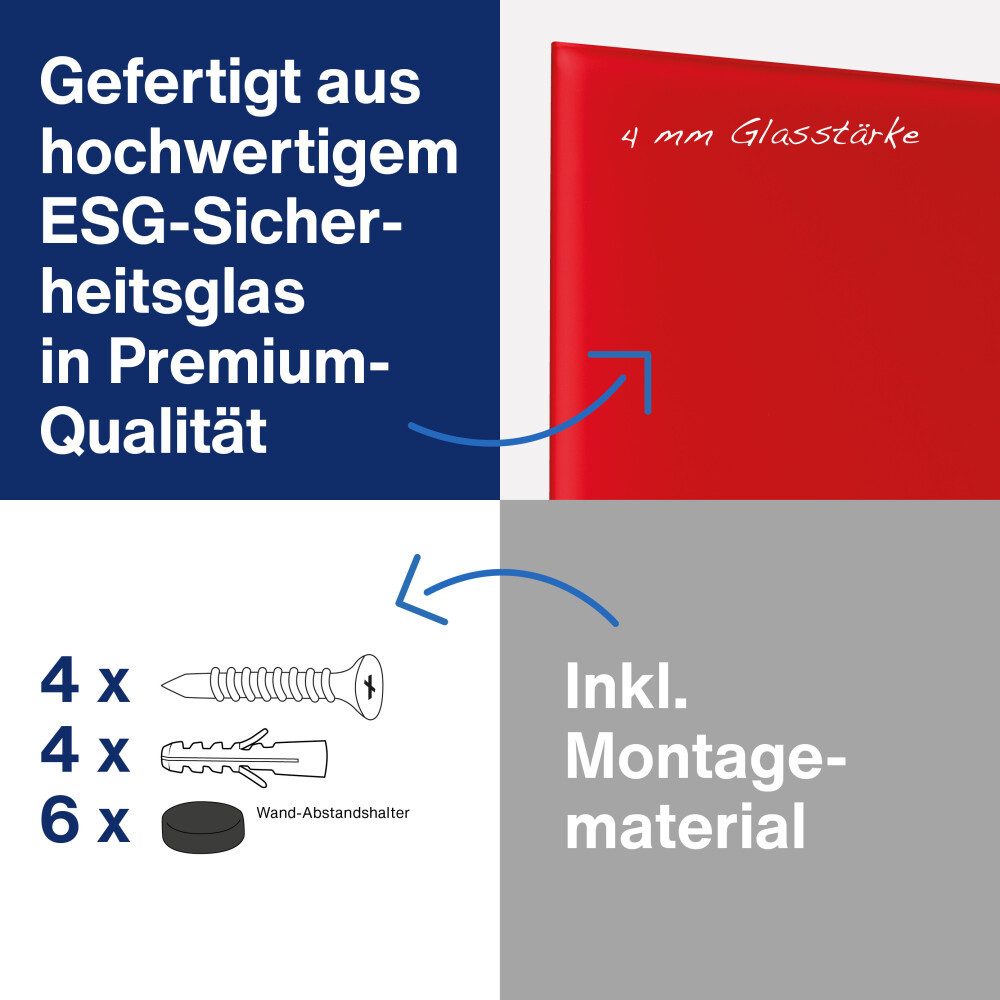 magnetoplan® Anzeigetafel Glas-Magnettafel 80x60cm magnetisch/beschreibbar- Rot - rahmenlos (1-St)