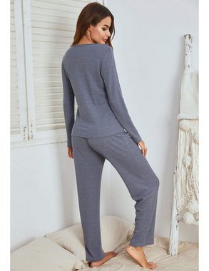 ZWY Hausanzug Damen-Homewear-Set im Waffelmuster langem, langärmeligen Schlafanzug (1 tlg)
