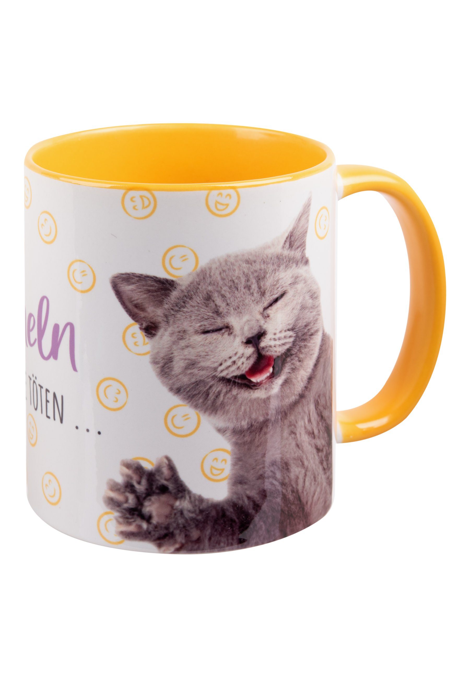 Weiß ml, United 320 lächeln Einfach Keramik Kaffeetasse Labels® Tasse Katzen Tasse - Gelb Katze