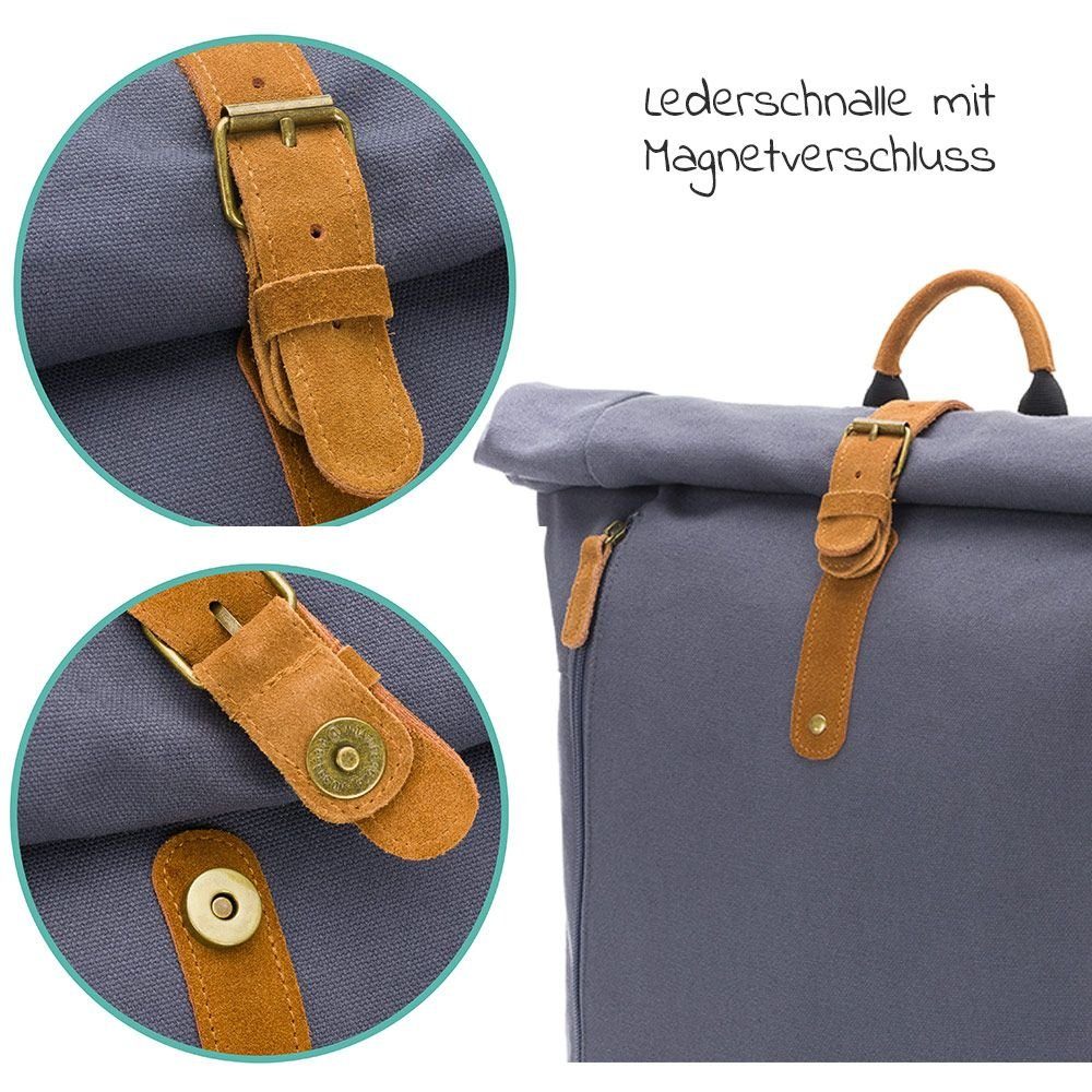 Grau Canvas Befestigung mit Kinderwagen Rolltop - Fillikid Wickelrucksack Wickelunterlage (3-tlg), Wickeltasche &