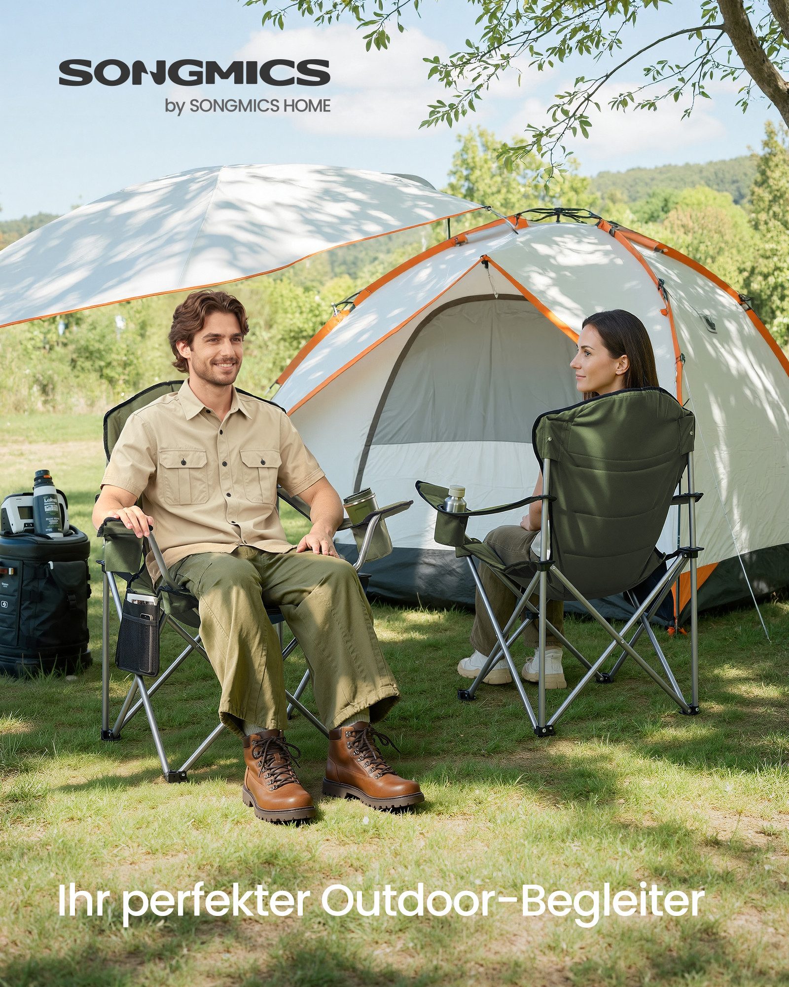 SONGMICS Campingstuhl klappbar, mit breitem Sitz, Faltbarer Outdoor-Stuhl, hohe Rückenlehne, Getränkehalter, 1er/2er Set