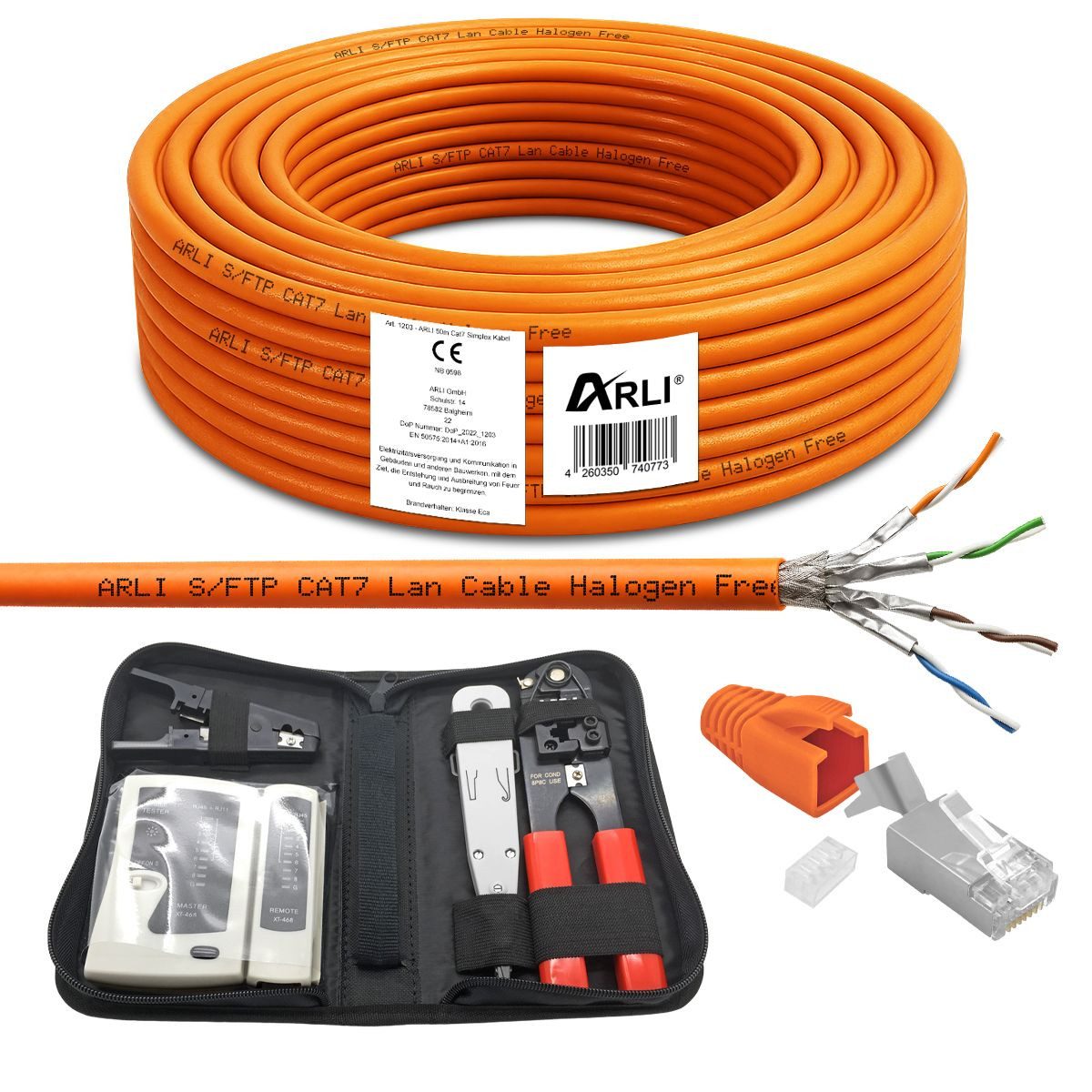 ARLI Verlegekabel Cat7 50 m + Werkzeugset + 20 RJ45 Netzwerkstecker Installationskabel, RJ45 Netzwerkstecker, verlegekabel Cat7 (5000 cm), Halogenfrei