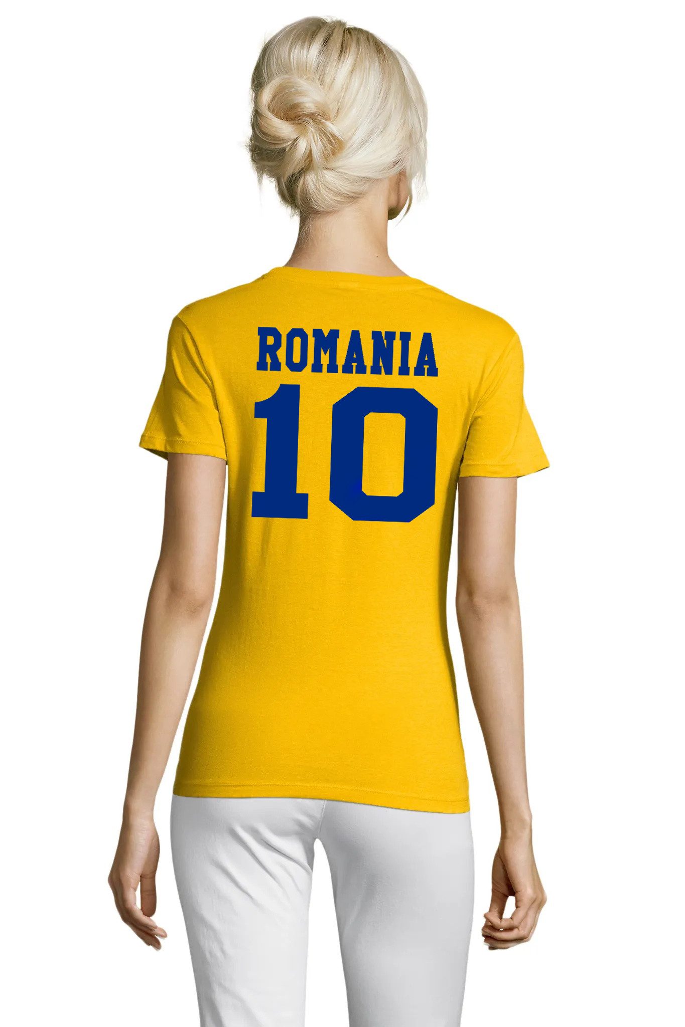 Blondie & Brownie T-Shirt Rumänien Damen T Shirt 10 Flagge Fußball Style Casual Freizeitlook Romania Flag Style Damen Shirt Edition