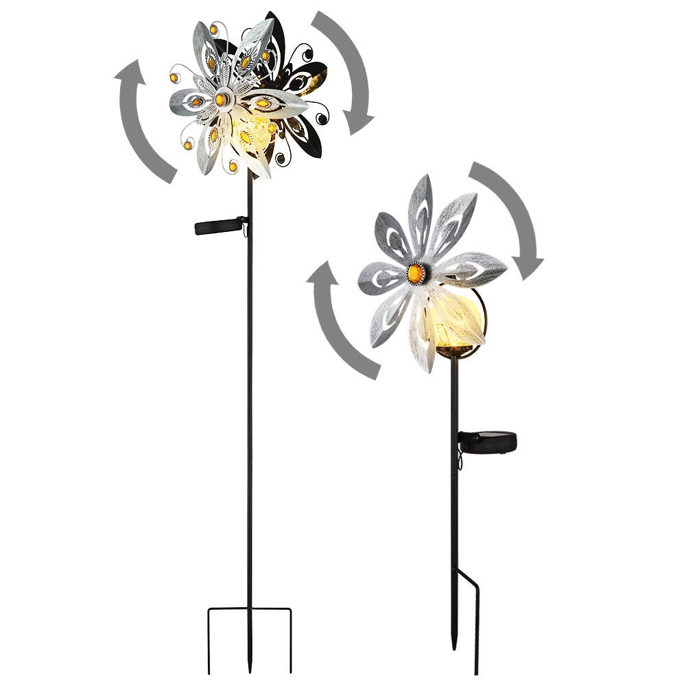 GLOBO LIGHTING LED Solarleuchte, LED-Leuchtmittel fest verbaut, Warmweiß, Solarleuchte Außenleuchte LED Windrad silbergrau Gartenlampe 2er Set