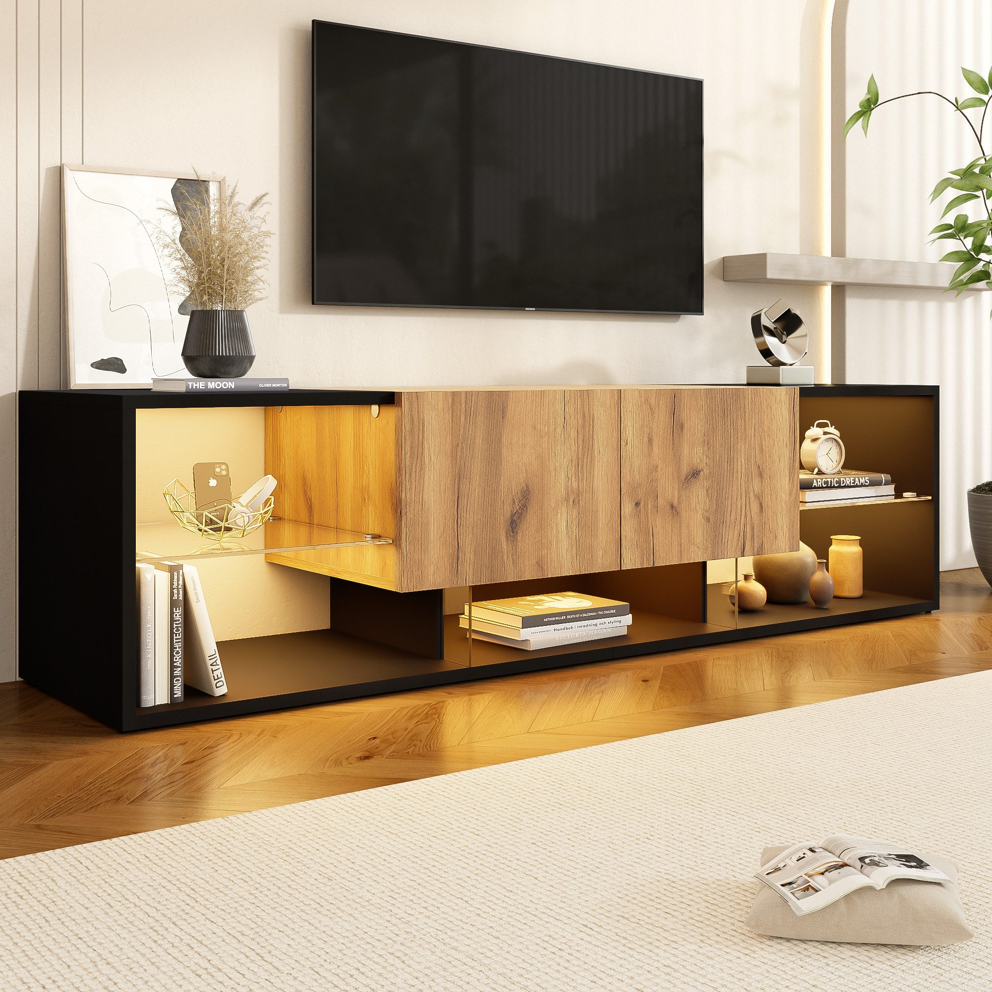 OKWISH Lowboard TV -Konsolenschrank für Fernseher bis zu 70 Zoll (Fernsehschrank, TV-Board, 1 St., Spanplatte), mit Glasplatten-Aufbewahrungsplattform und 2 Schubladen