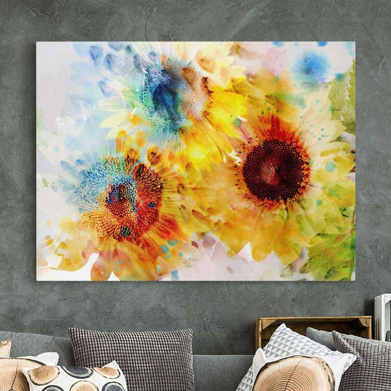 Bilderdepot24 Leinwandbild Blumen Natur Aquarell Blumen Sonnenblumen gelb Bild auf Leinwand XXL, Bild auf Leinwand; Leinwanddruck in vielen Größen