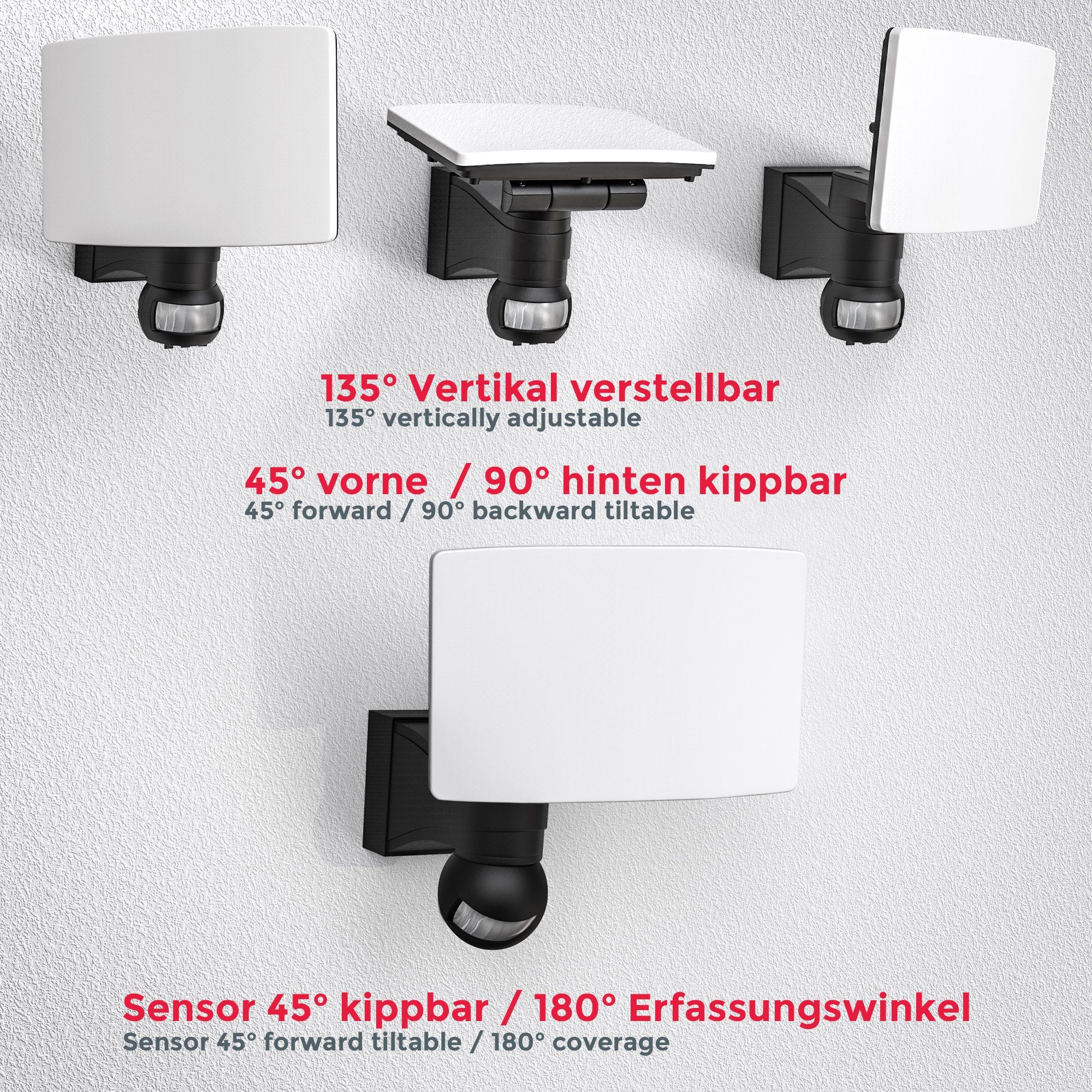 B.K.Licht LED Außen-Wandleuchte, LED fest Außenleuchte, IP44 2.300 20W Neutralweiß, schwenkbar, 4.000K, Bewegungsmelder, Lum. integriert