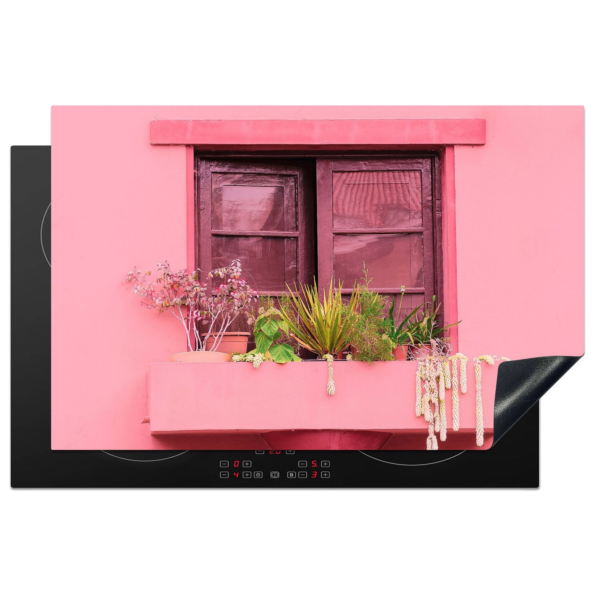 MuchoWow Herdblende-/Abdeckplatte Fenster - Pflanzen Pflanzgefäß, Rosa Ceranfeldabdeckung, Arbeitsplatte - (1 cm, küche 81x52 - tlg), Vinyl, für