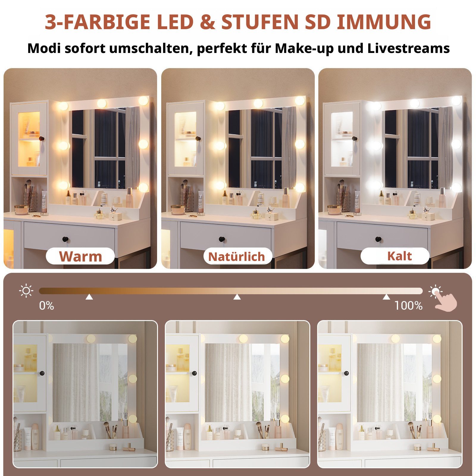 GarveeMore Schminktisch mit kratzfestem Spiegel, 3-farbiges LED Licht & stufenlose Dimmung (Weiß/Braun), 1 Schublade & 2 Schränke mit Glastüren & 3 offene Fäche – Bild 5 von 5