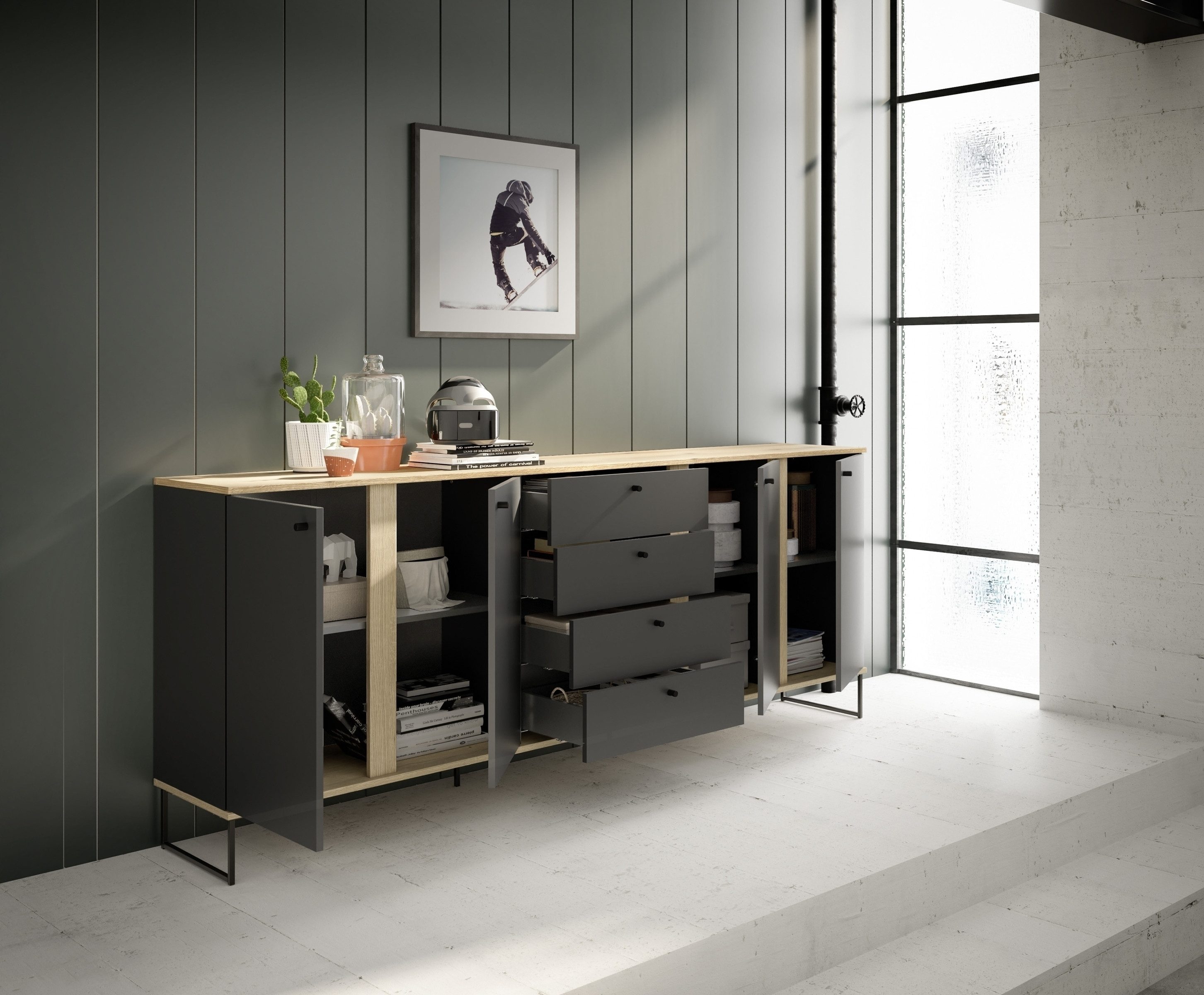 Bega Consult Sideboard in Anthrazit / Evoke Oak Dekor - 225x89x38 (BxHxT)