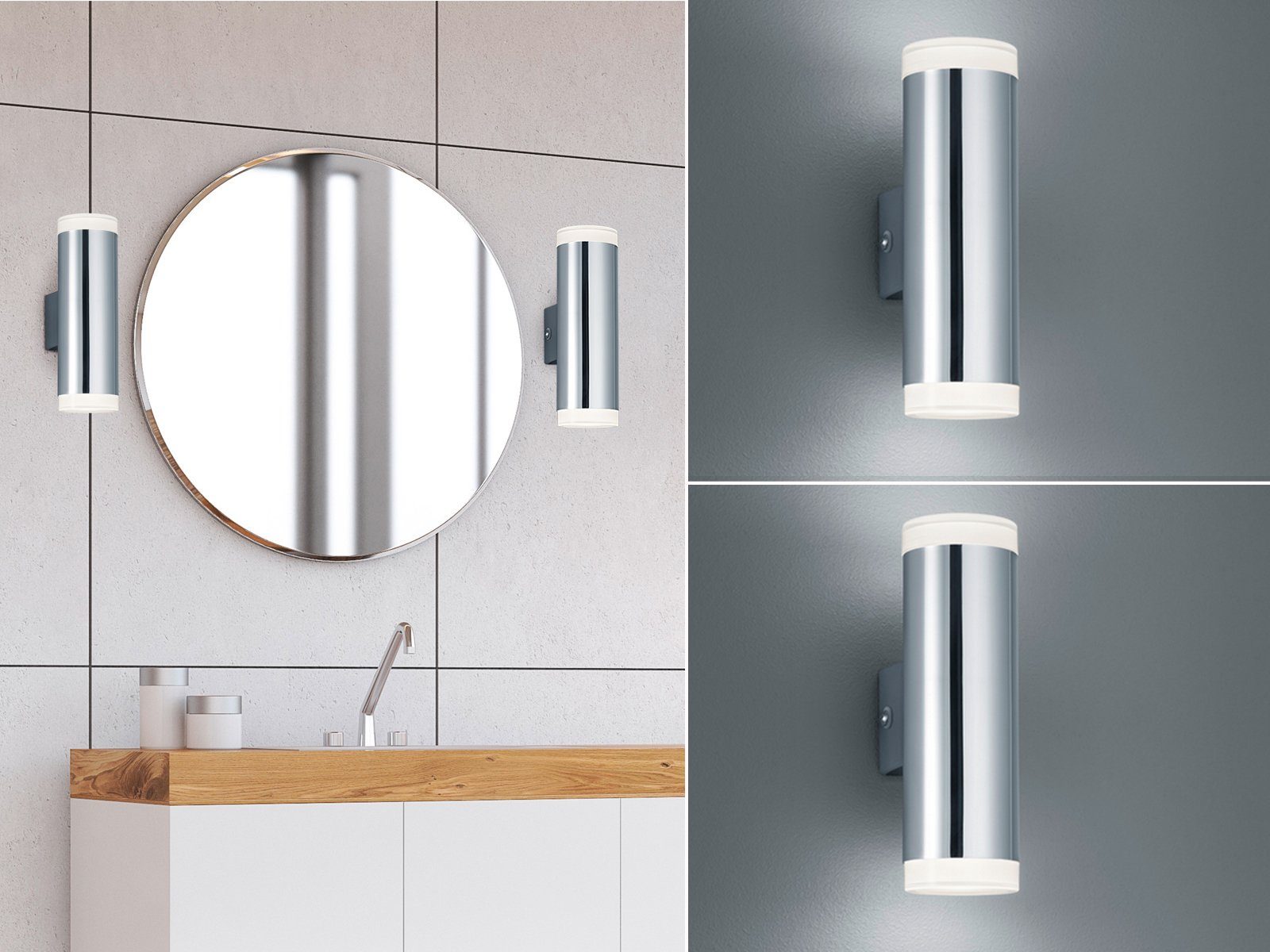 meineWunschleuchte Spiegelleuchte, LED fest integriert, Warmweiß, 2er Set Updown Badezimmerlampen Wand Gäste WC Bad-lampen, Höhe 17cm Silber Chrom / Weiß | Spiegelleuchten