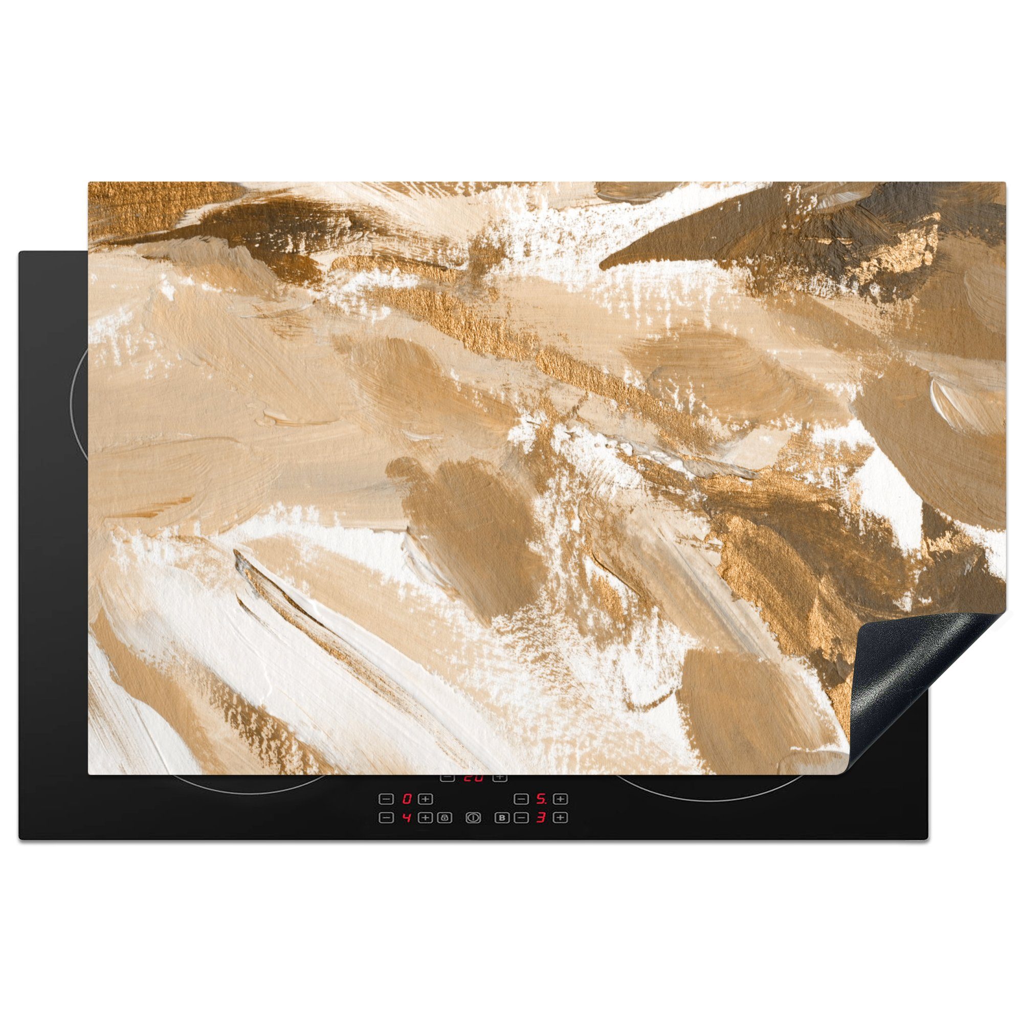 MuchoWow Herdblende-/Abdeckplatte Gold - Beige - Abstrakt, Vinyl, (1 tlg), 81x52 cm, Induktionskochfeld Schutz für die küche, Ceranfeldabdeckung