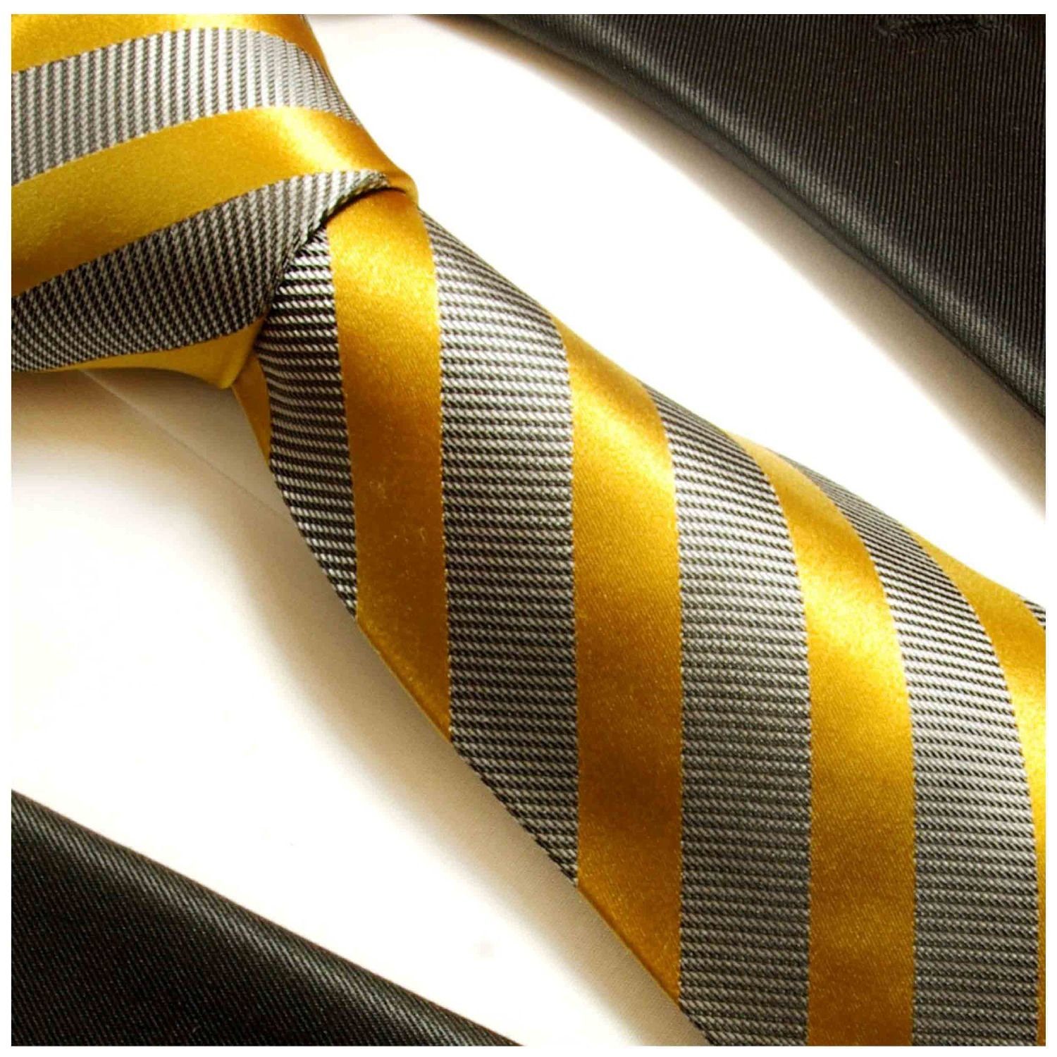 Tuch mit gestreift 640 Paul 2-St., Herren modern 100% Seide (8cm), Malone Einstecktuch) mit Krawatte grau Krawatte Breit gold (Set, Seidenkrawatte