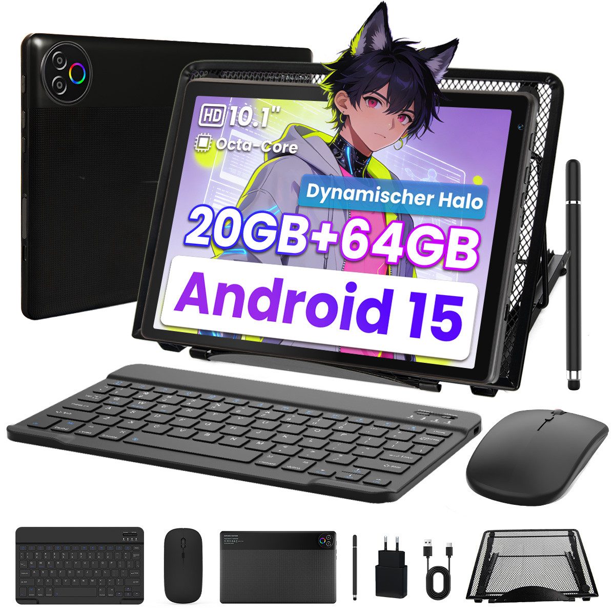 BUFO 10,1 Zoll 20(3+17)GB+64GB+1TB erweiterbar, Android 15, HD 1280x800 Tablet (10,1", 64 GB, Tablet mit Tastatur, Maus, Stift und Kühlerständer, WiFi 6)