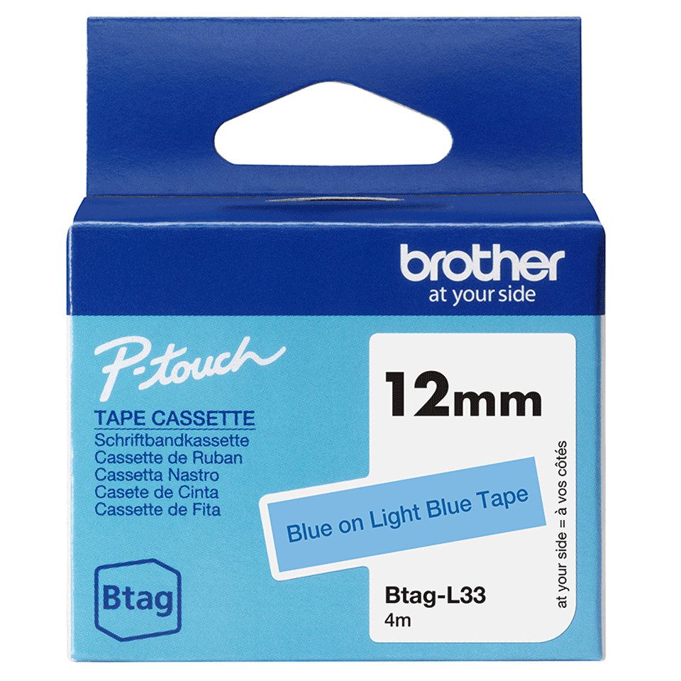 Brother Schriftband BTAG-L33 Blau auf Hellblau 12 mm x 4 m Tintenpatrone
