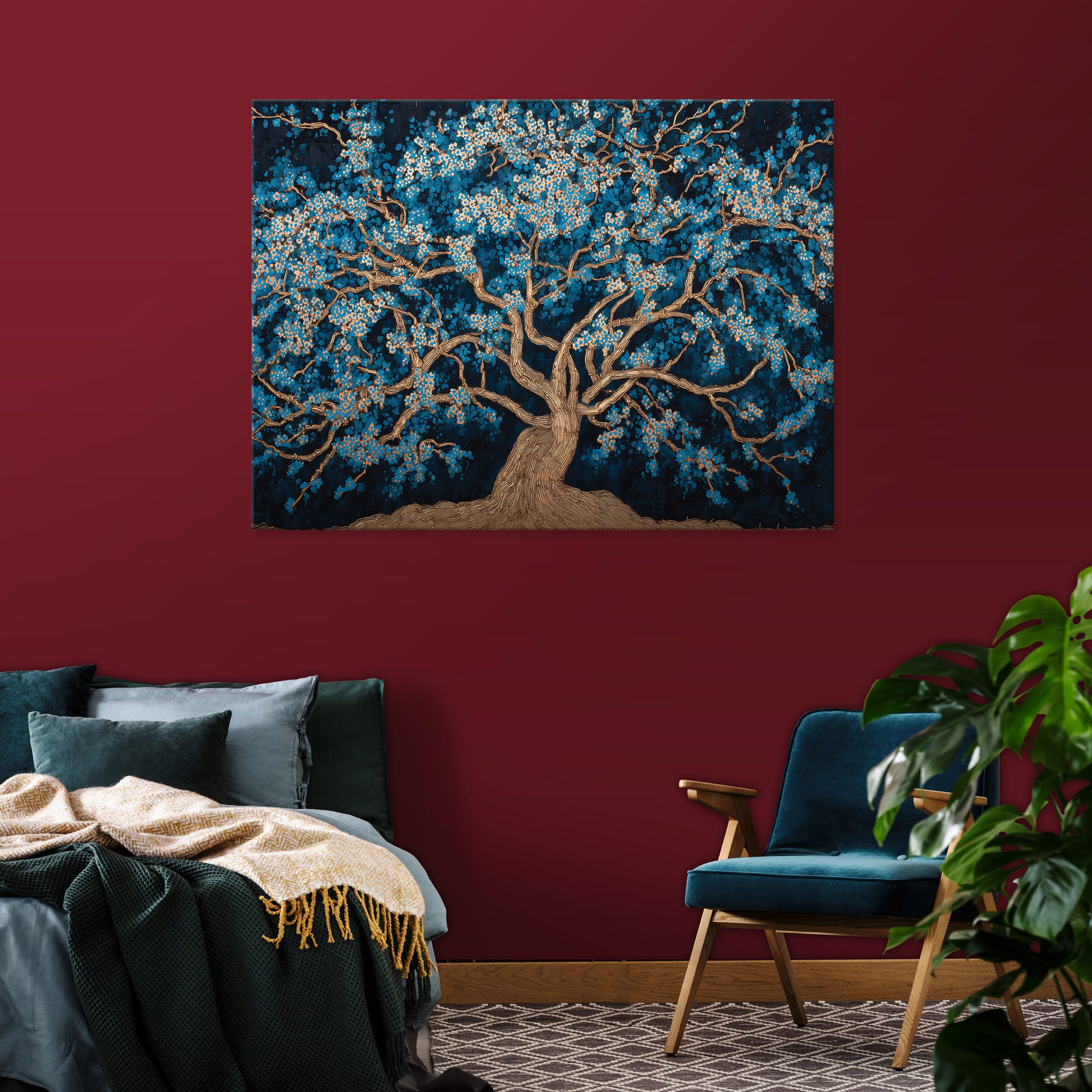 Wallarena Leinwandbild Baum Braun Blau Blumen Natur Modern Wandbilder Wand Deko XXL Bilder, Baum (groß Bilder Wohnzimmer Schlafzimmer Einteilig, 1 St), Bilder Klein Wohnzimmer Schlafzimmer Küche Wandbild Wand Deko 40x30