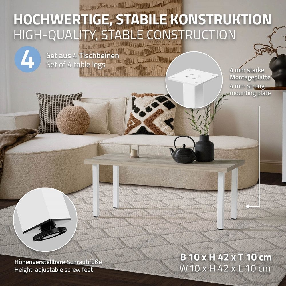 ML-DESIGN Tischbein Tischkufen I-Design Möbelfüße Tischgestell aus pulverbeschichtet Stahl, 4er Set Bankkufen 42cm Weiß glänzend eckig Möbelbeine
