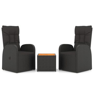 vidaXL Gartenlounge-Set 3-tlg. Garten-Lounge-Set Schwarz Poly Rattan Massivholz Akazie, (1-tlg)