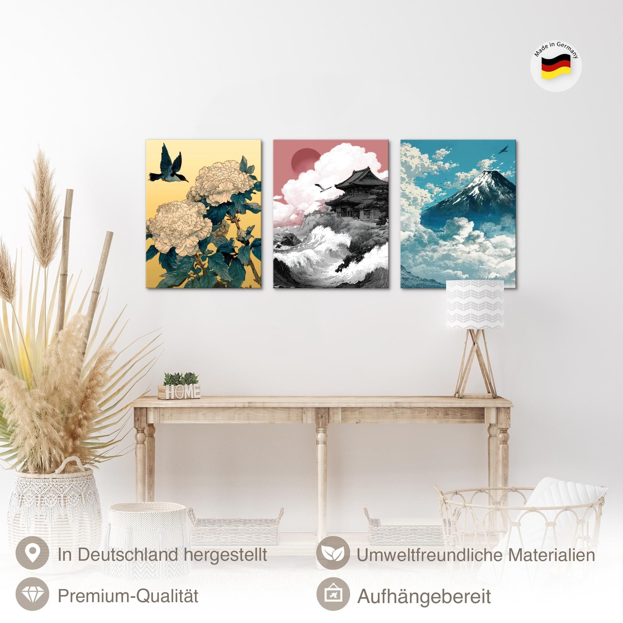 Novart Wandbild Japan Hokusai Abstrakt Wandbilder XXL Wandbild Wand Deko Bilder, Japan (3 St)