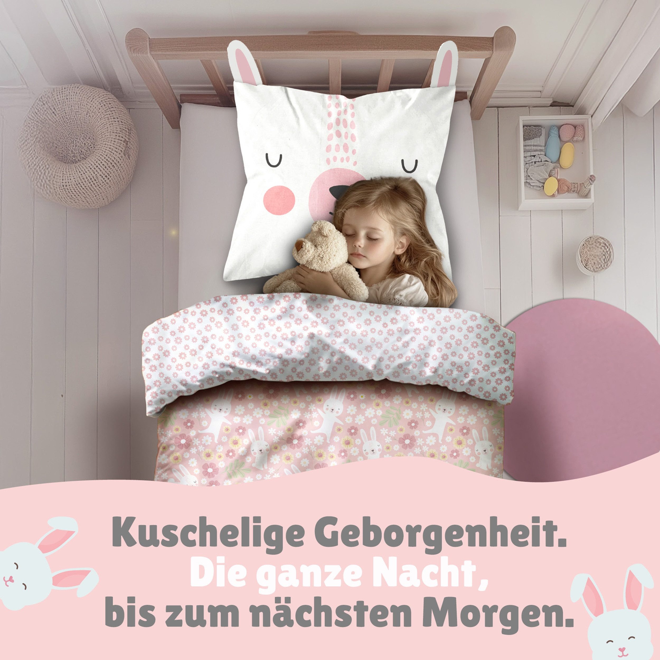 Familando Kinderbettwäsche Rabbit 135x200 80x80 cm Bettwäsche Hase mit Ohren, Renforcé, 2 teilig, mit liebevollem Motiv & süßen Details für Mädchen – Bild 2 von 5