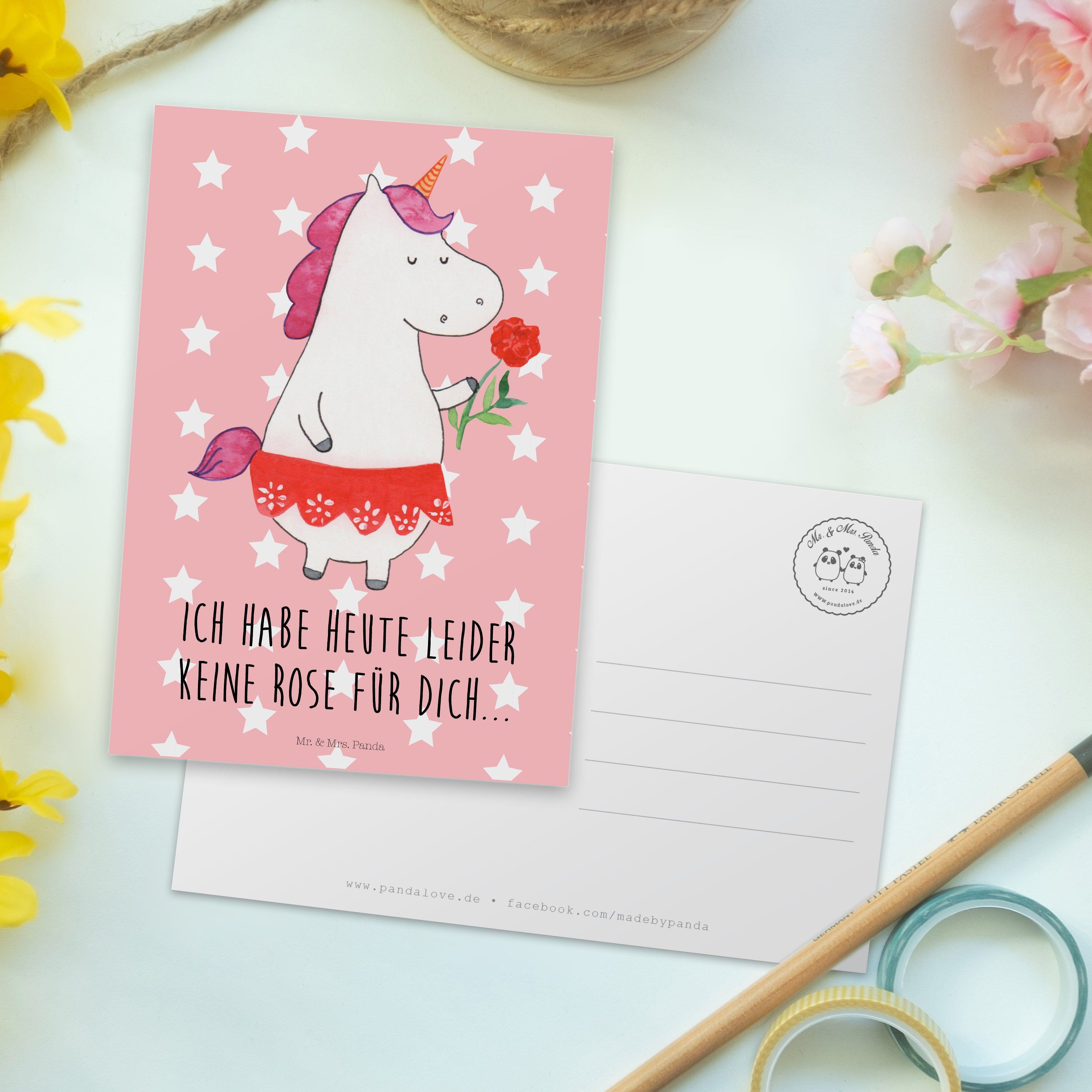 Unicorn, Dame, - Dame Postkarte Mrs. & - Panda Einhorn feine Dankeskar Geschenk, Rot Pastell Mr.
