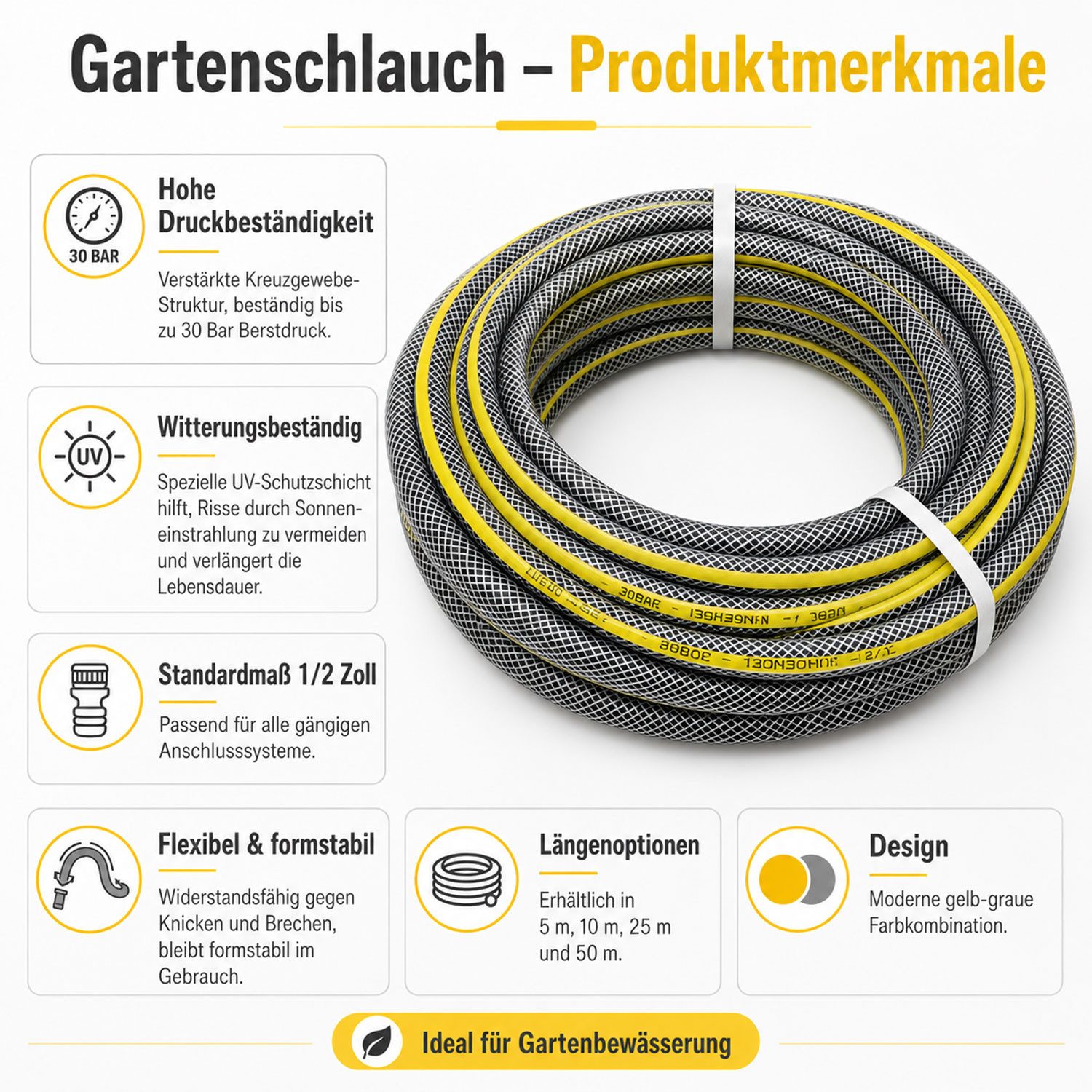 Jungengel Gartenschlauch Premium 1/2 Zoll 30 Bar 3-Schicht UV-beständig flexibel Wasserschlauch, Hohe Druckbeständigkeit bis 30 Bar, verstärktes Kreuzgewebe für Stabilität, knickreduzierende Struktur, UV-beständig für lange Lebensdauer, (Einzelartikel), P