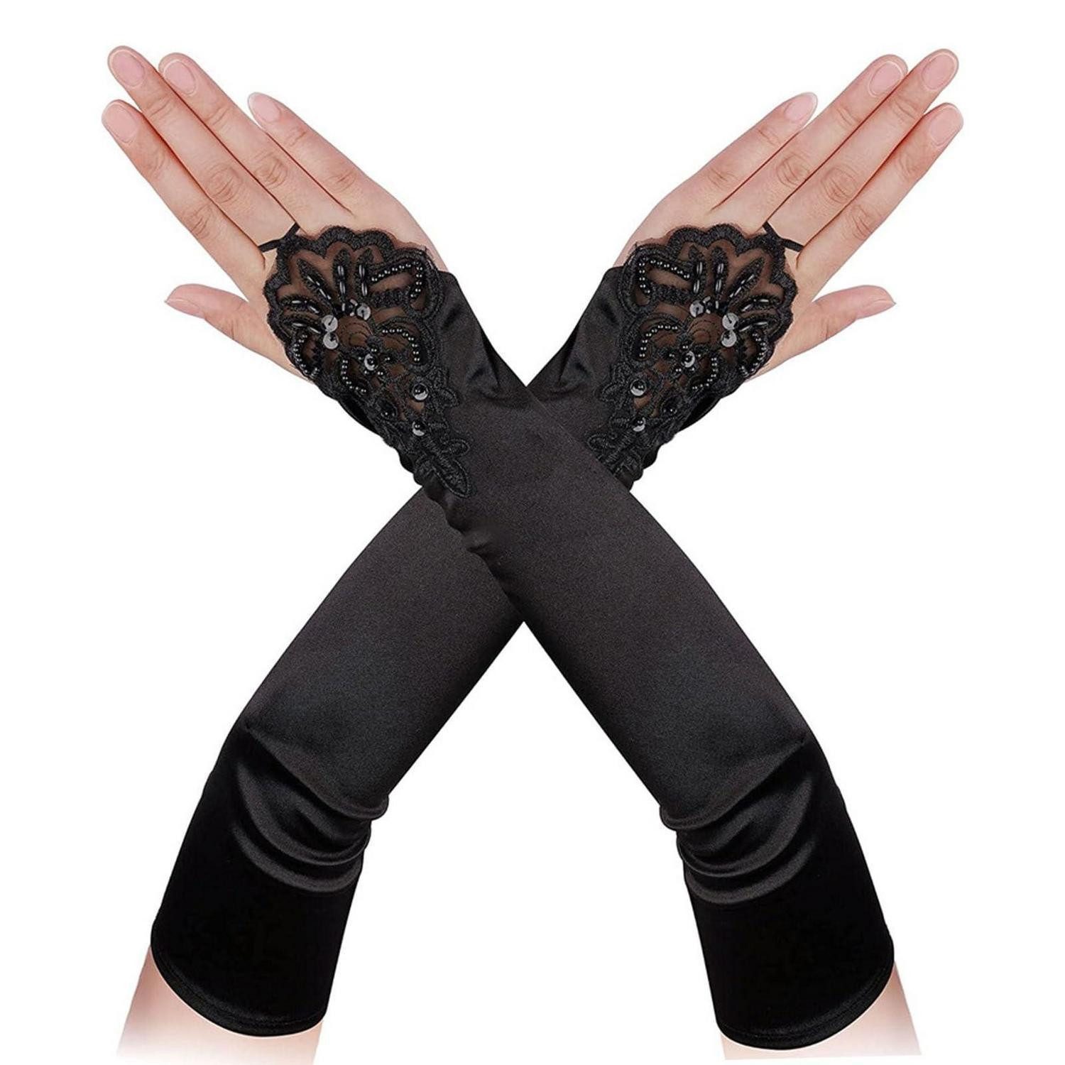 LuxusKollektion Abendhandschuhe Handschuhe Damen 42cm Retro Spitze Satin Schwarz (1-St)