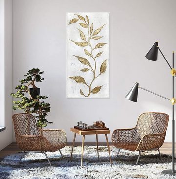YS-Art Gemälde Goldener Zweig, Blumen, Leinwand Bild Handgemalt Zweig Blumen Gold mit Rahmen