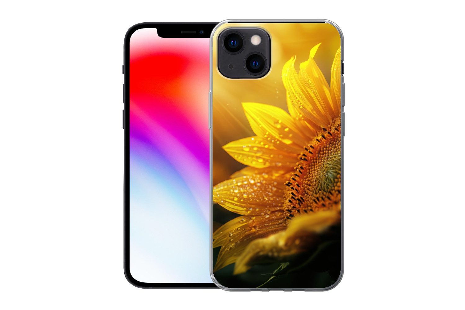 MuchoWow Handyhülle für Apple iPhone 13 Sonnenblume - Tautropfen - Gelb - Sonnenlicht, Smartphone-Bumper, Print, Handy Schutzhülle Dünn