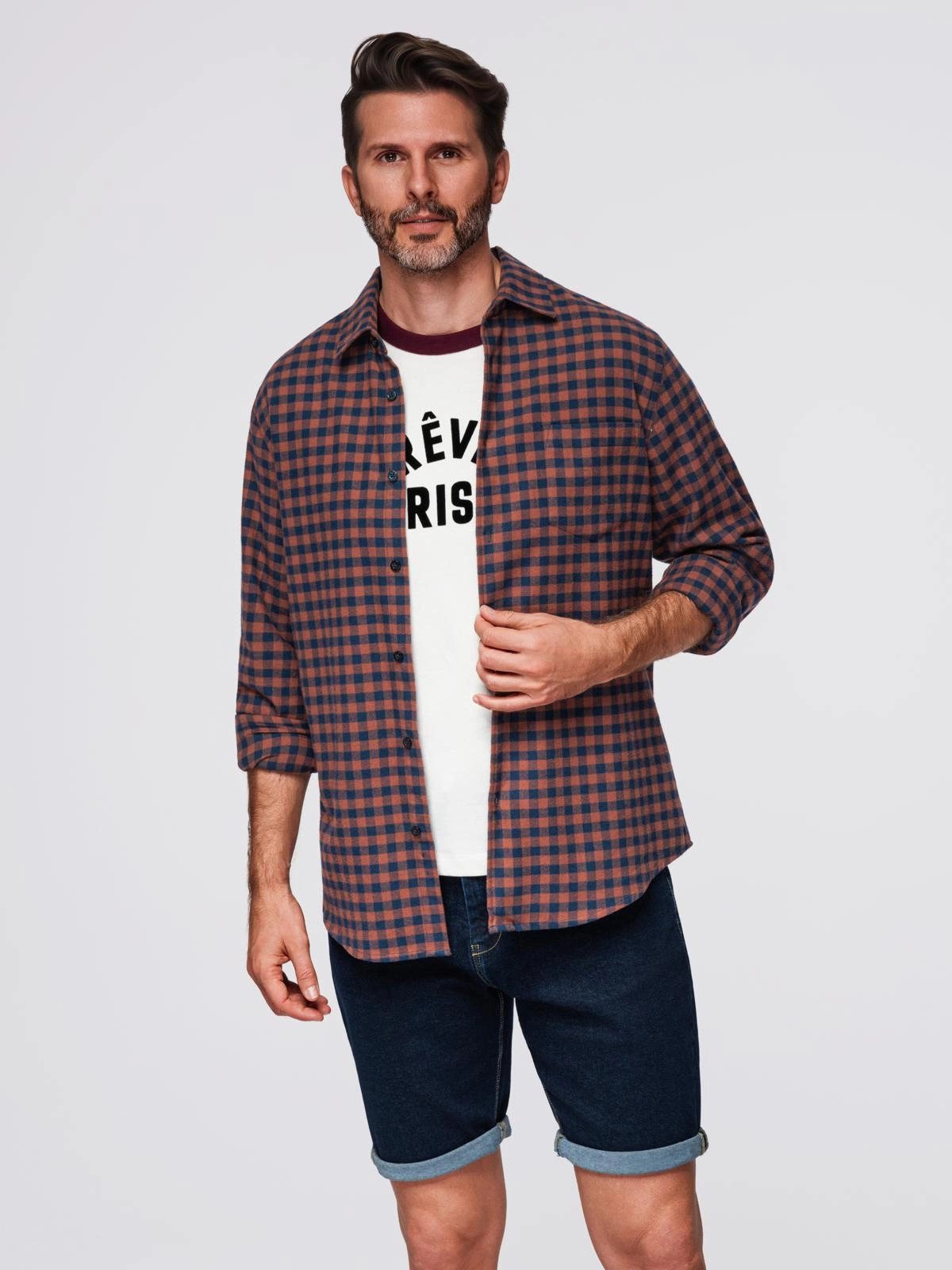 OMBRE Flanellhemd Kariertes Flanellhemd für Herren - marineblau und orange