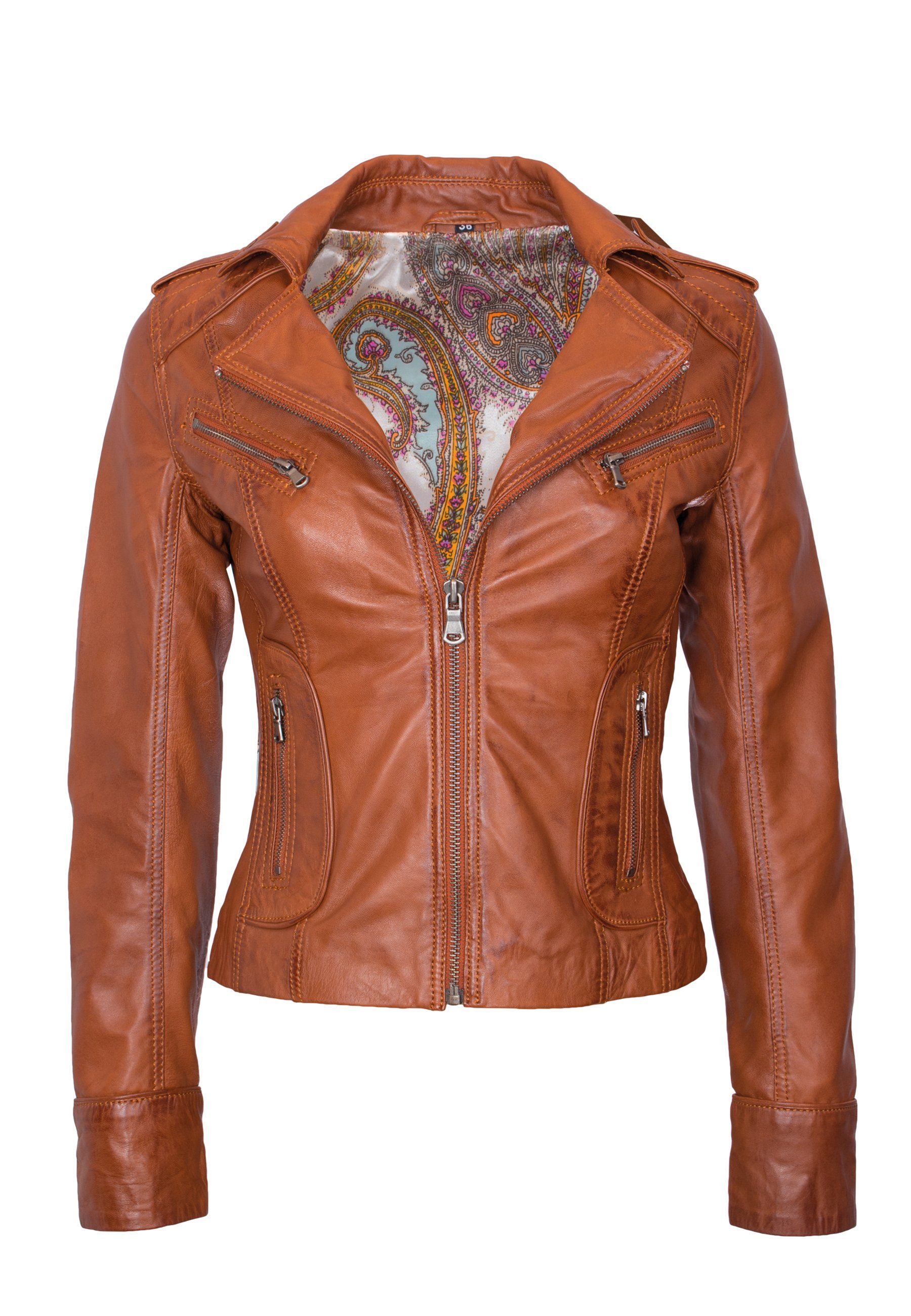 Lolus Lederjacke Mariah mit Reverskragen Biker cognac Lederjacke Damen Kurze