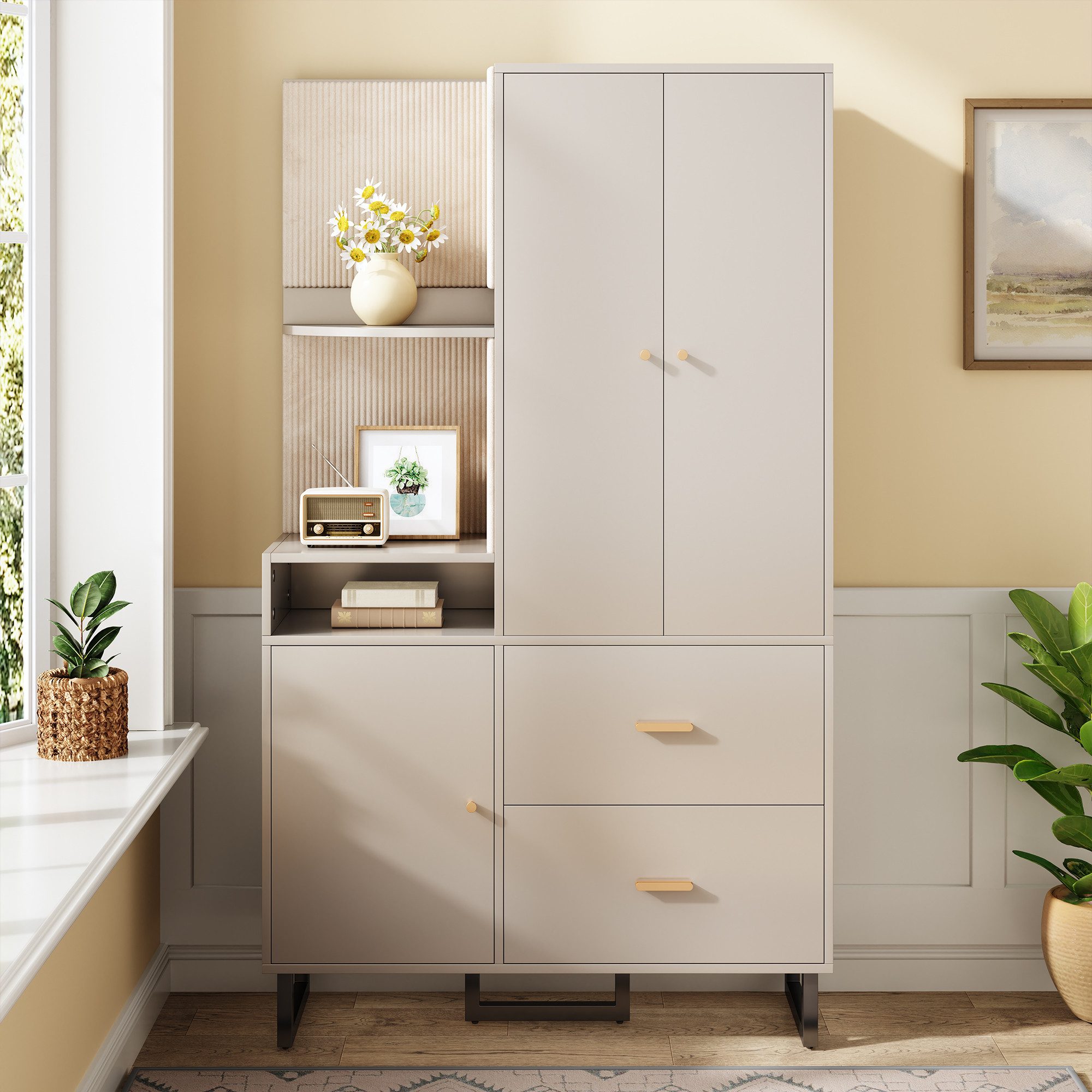 Merax Kompaktgarderobe mit Polsterpaneelen (Garderoben-Set Flurgarderoben Set Scandi, 1-St., 110x38x186 cm) Dielenschrank mit Schuhschrank, Regalfächern & Soft-Close-Türen