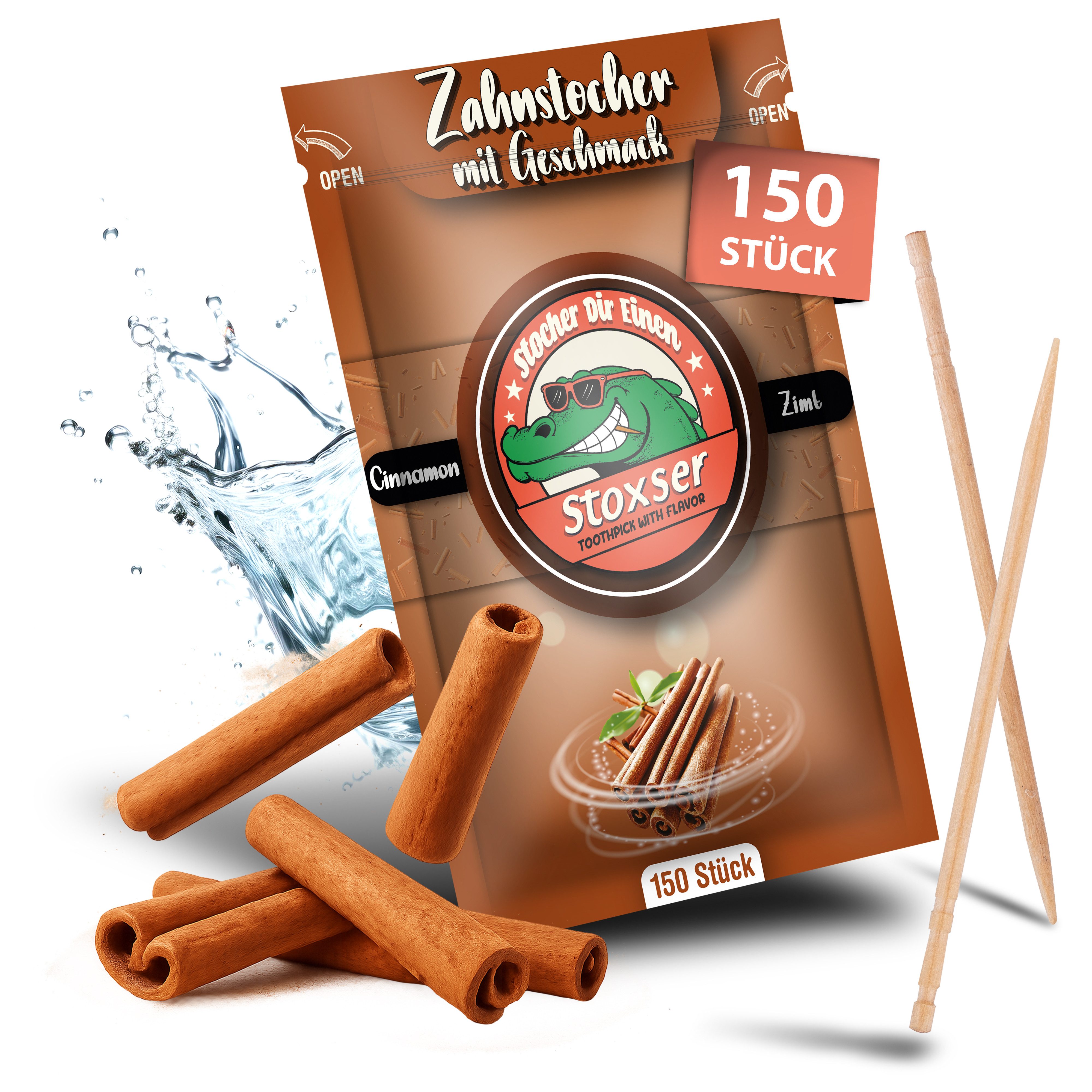 Stoxser Mundpflegecenter 150 x Zahnstocher mit Geschmack Zimt Geschmacksrevolution, 150x Zahnstocher, Entdeckt 150 x den intensiven Zimt Geschmack von Stoxser., Kein Kaugummi Unterstützend zu Zahnpasta Zahnseide Zuckerfrei Vegan
