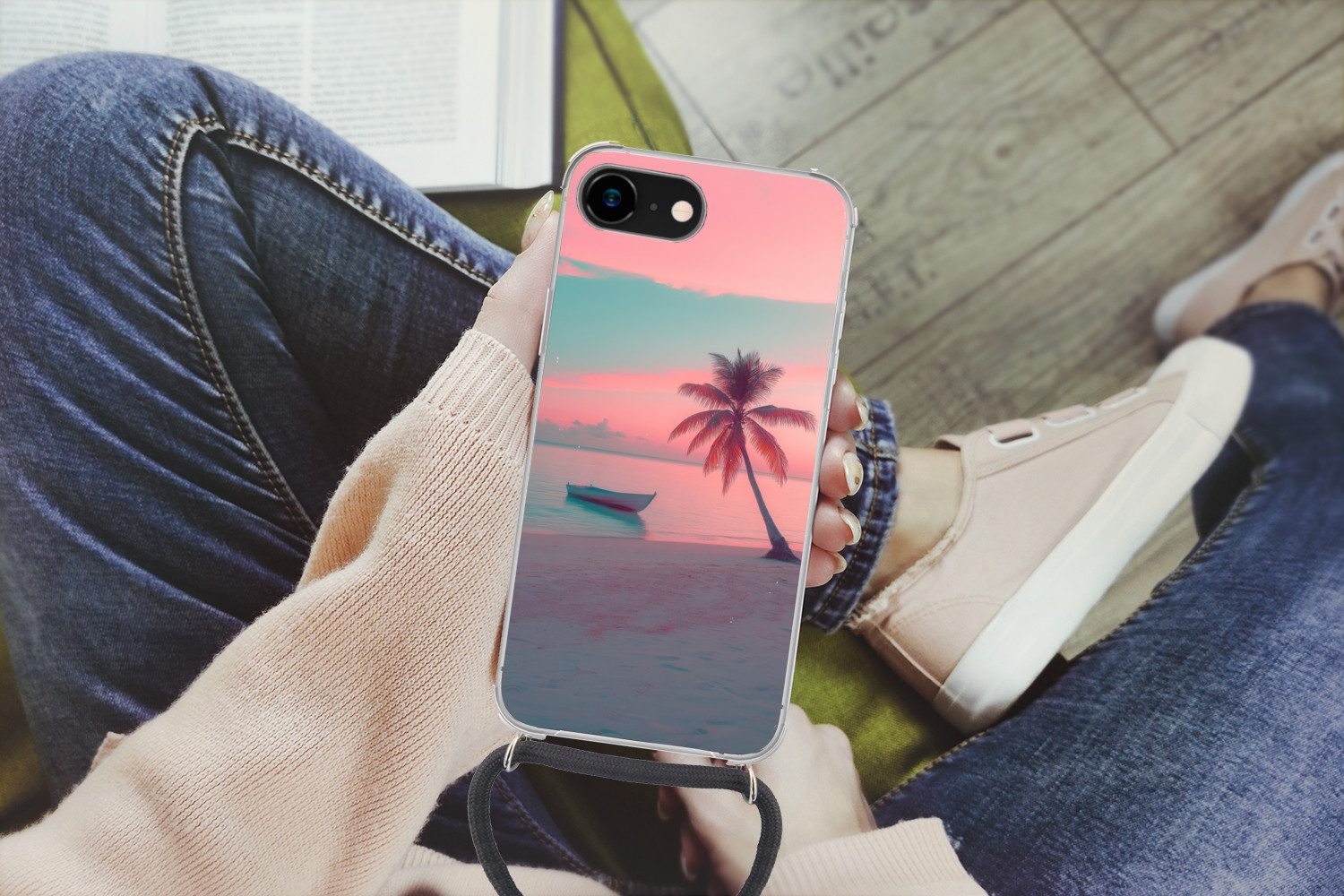 MuchoWow Handyhülle für Apple iPhone 8 Meer - Boot - Sonnenuntergang, Tragbare Handyhüllen mit Kette zum umhängen, Handykette Handyband