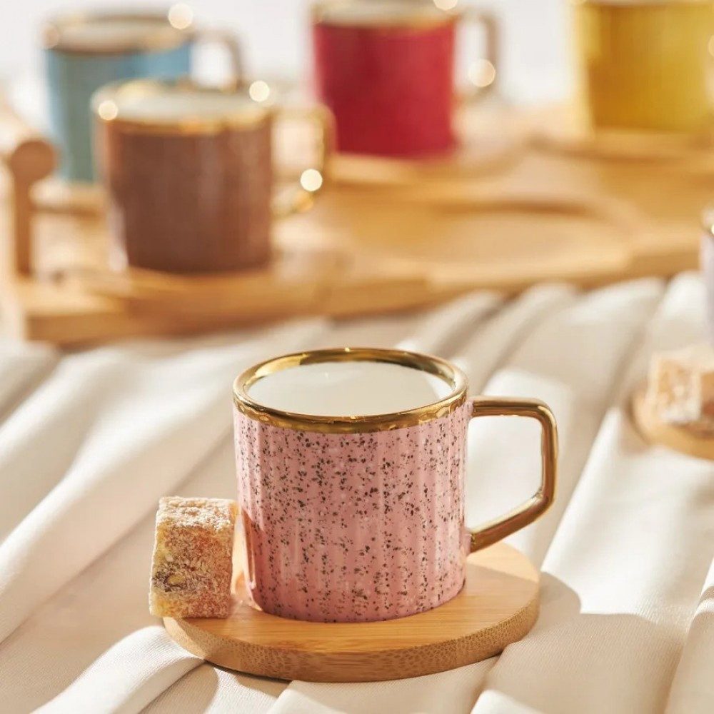Karaca Kaffeeservice Bambus farbige Kaffeetasse Set, 6 Personen, 90 ml