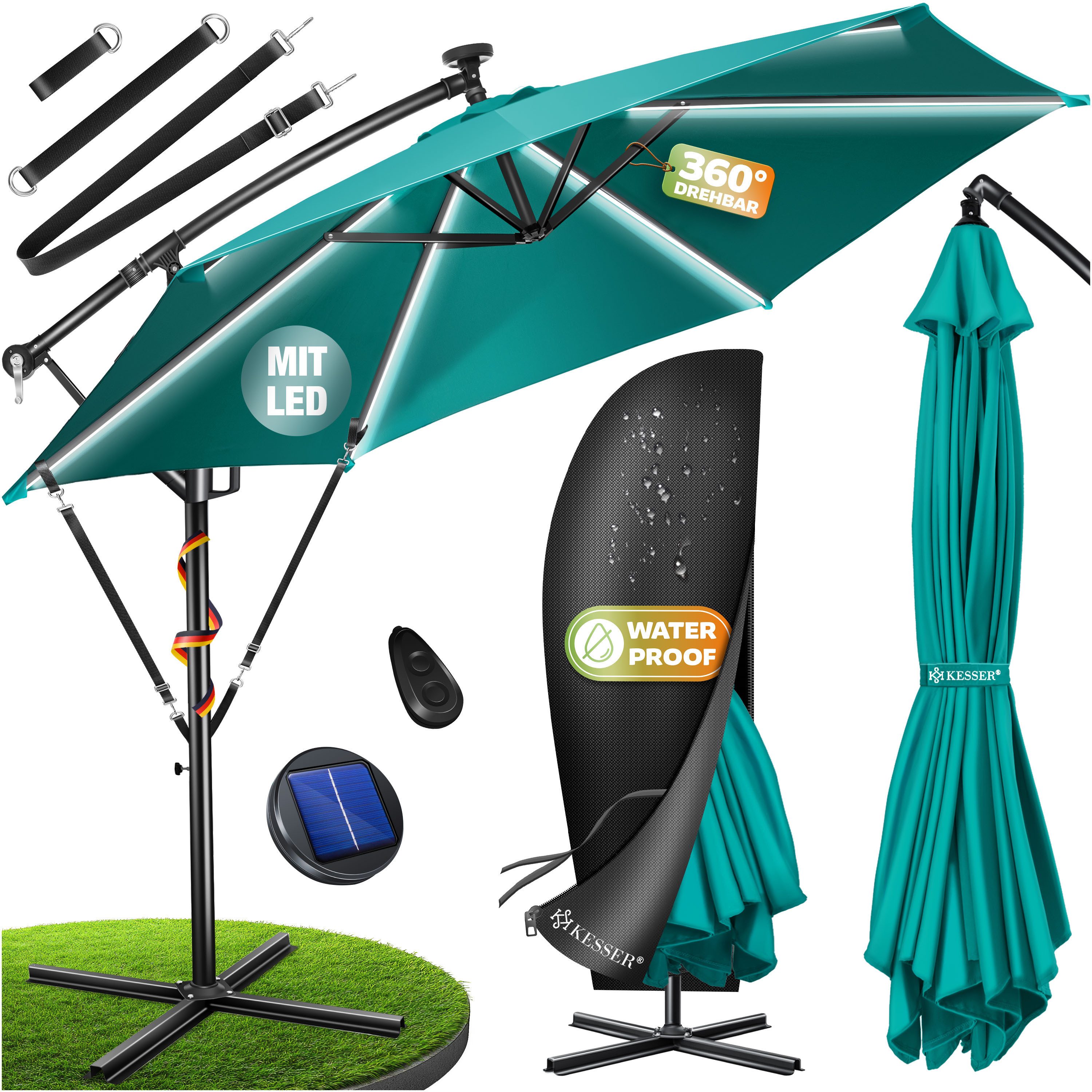 KESSER Ampelschirm ⌀300cm Alu Sonnenschirm mit LED Solar Inkl. Abdeckung & Fernbedienung, Kurbelschirm mit Ständer Wasserabweisend, 360° Funktion & UV-Schutz