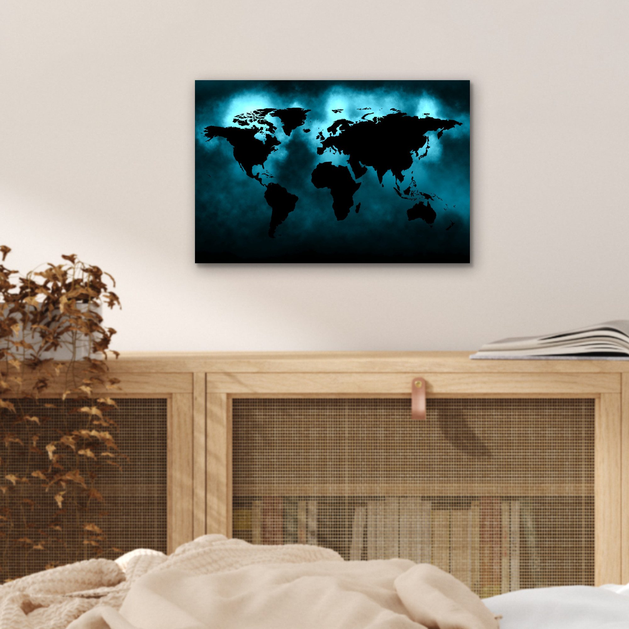 MuchoWow Metallbild Weltkarte - Schwarz - Blau, Inkl. Aufhängung, Wohnzimmer Dekoration aus Alu, Industrial, Metallbilder, 30x20 cm – Bild 5 von 5